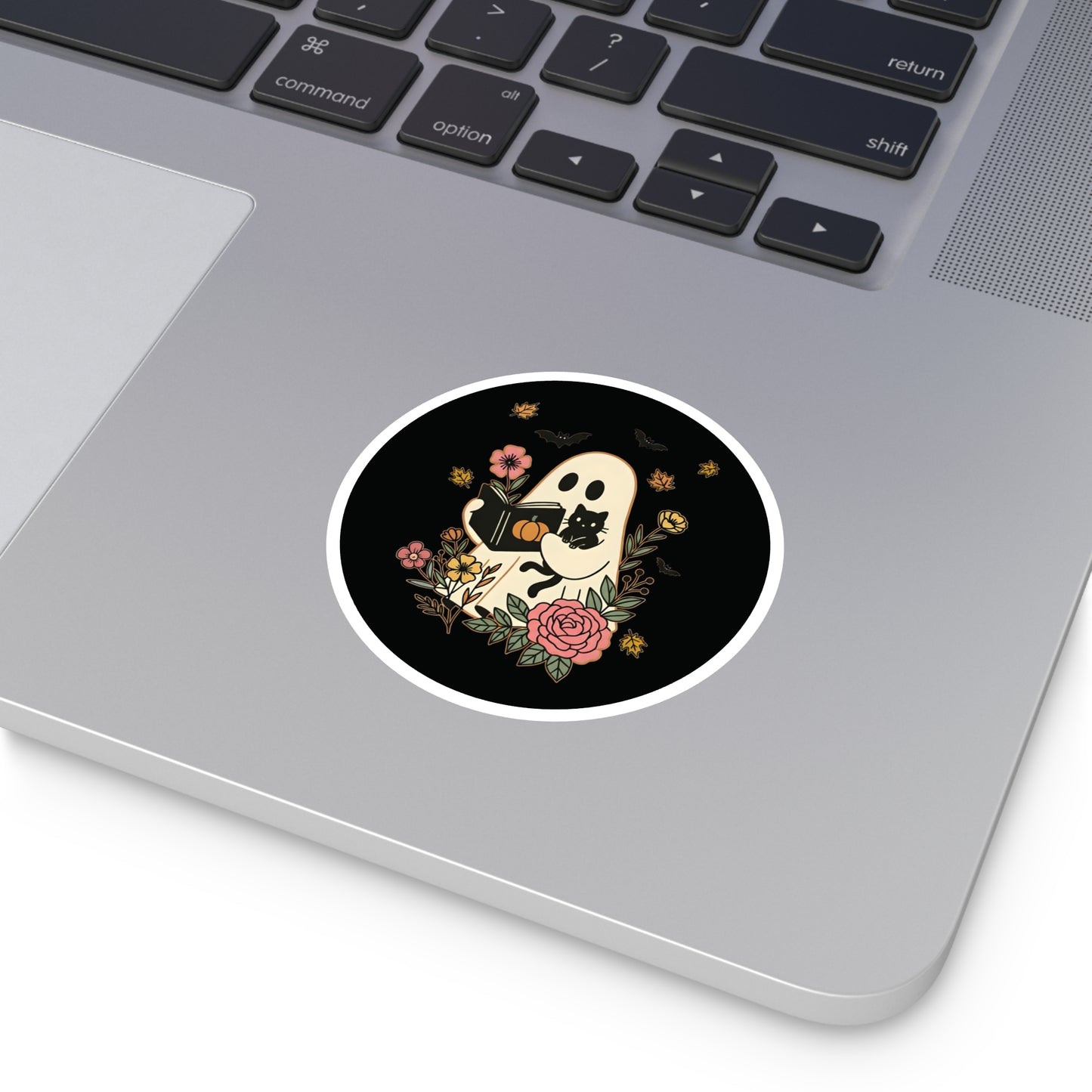 Whimsical Ghost & Cat Stickers, Halloween Decor, Cute Indoor/Outdoor Stickers, Spooky Gift, Holiday Party Decor, Floral Design