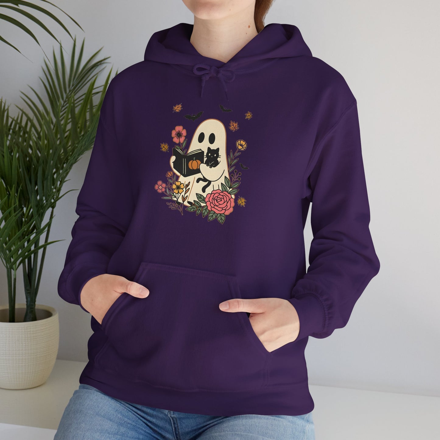 Cute Ghost & Cat Hoodie with Floral Design | Cozy Fall Halloween Adult Teen Sweatshirt for Pet Lovers