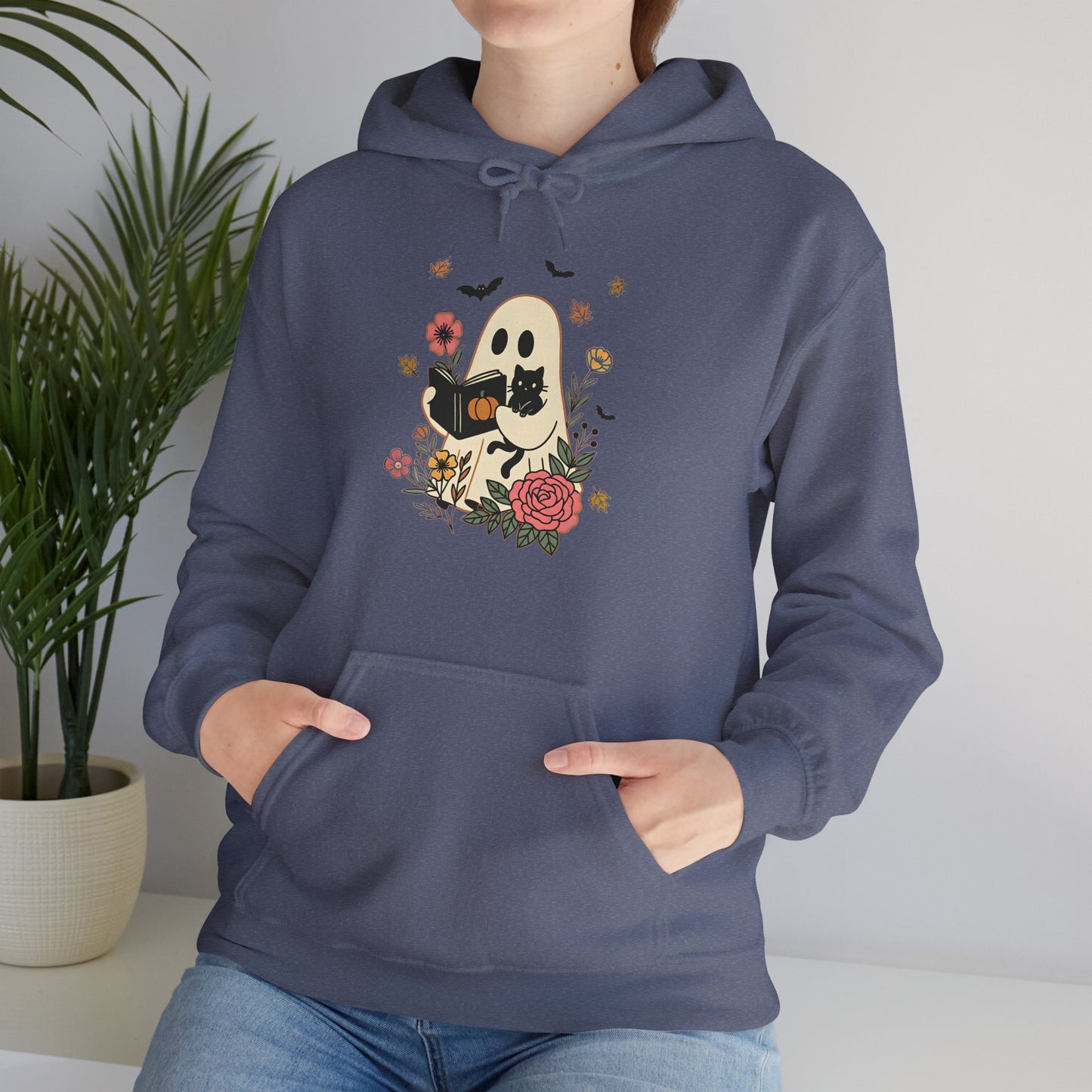 Cute Ghost & Cat Hoodie with Floral Design | Cozy Fall Halloween Adult Teen Sweatshirt for Pet Lovers