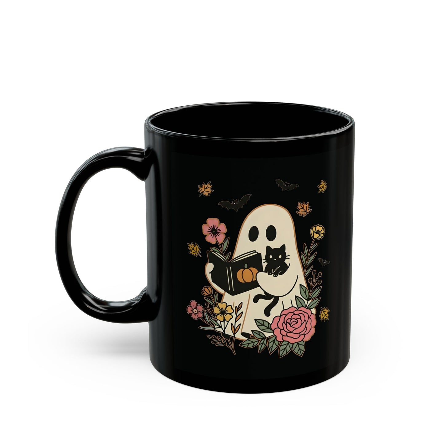 Charming Floral Ghost Mug | Whimsical Gift for Spooky Season, Cat Lovers, Halloween Decor, Coffee Cup, 11oz 15oz