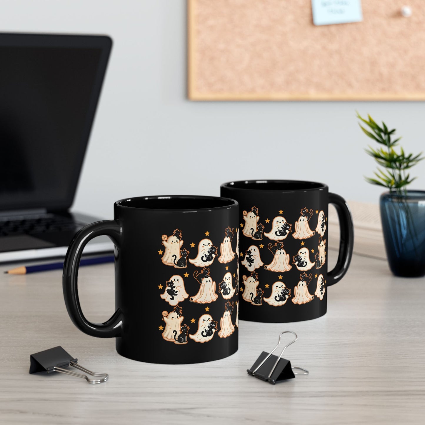 Playful Ghost & Cat Halloween Mug – Black Ceramic Coffee Cup (11oz / 15oz)