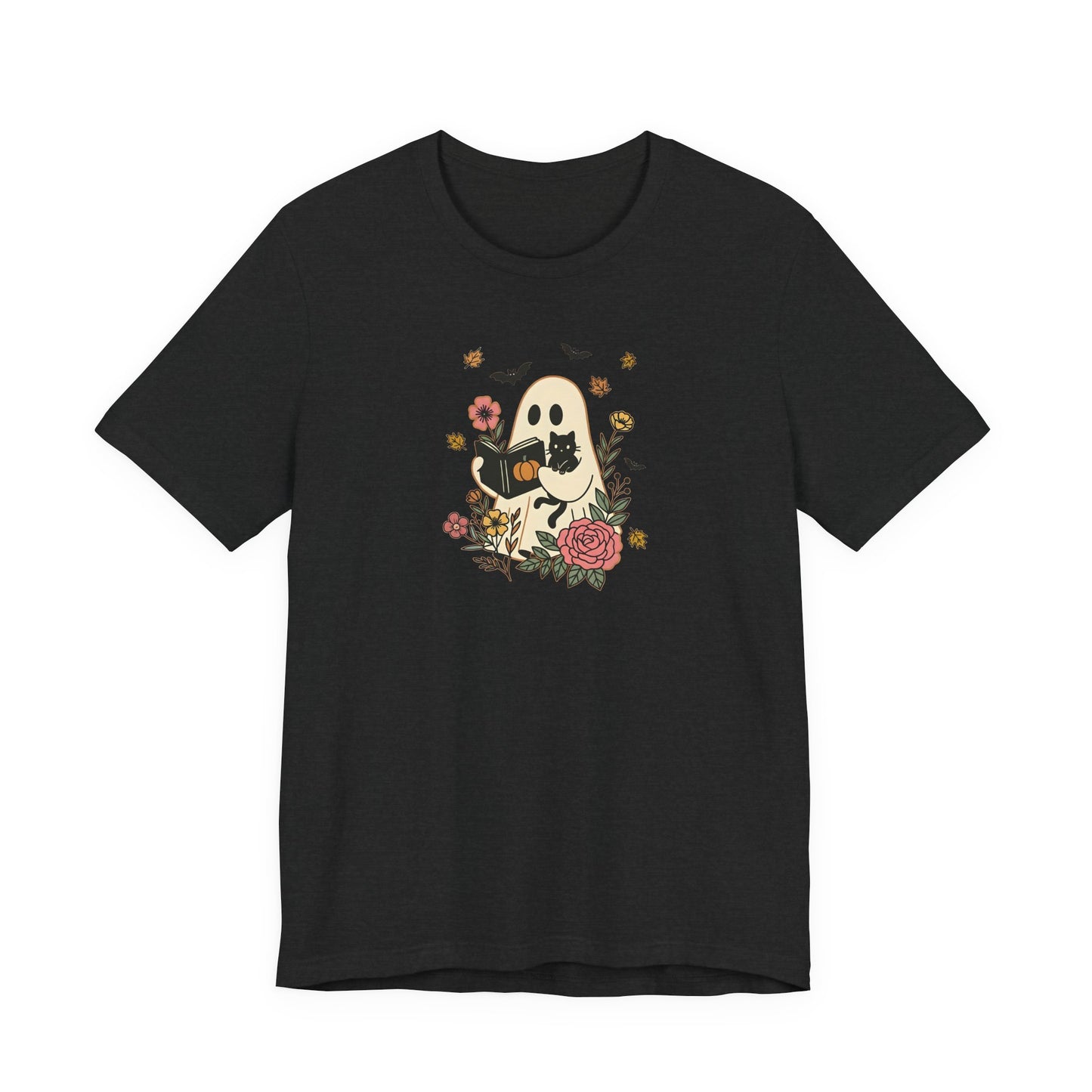 Cozy Ghost & Cat Reading Adult Tee – Cute Fall Halloween Unisex Shirt