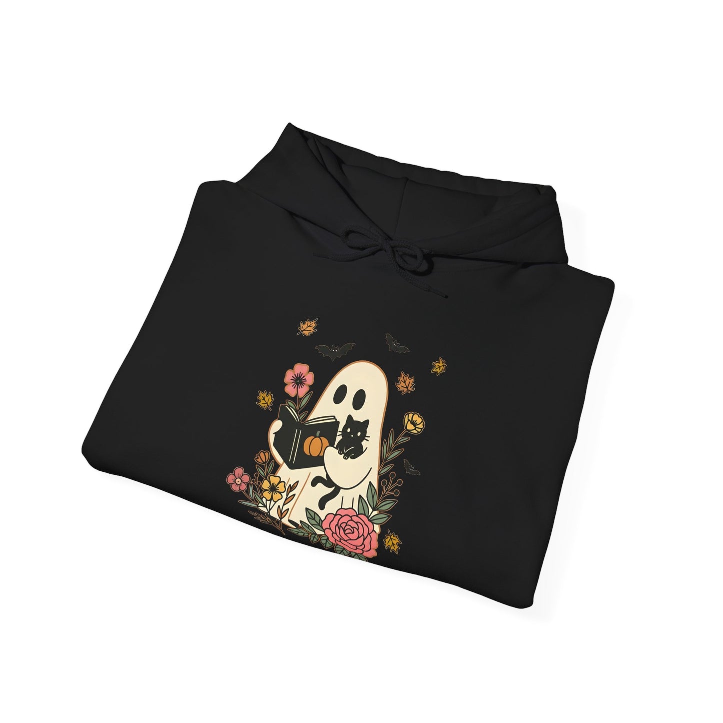 Cute Ghost & Cat Hoodie with Floral Design | Cozy Fall Halloween Adult Teen Sweatshirt for Pet Lovers