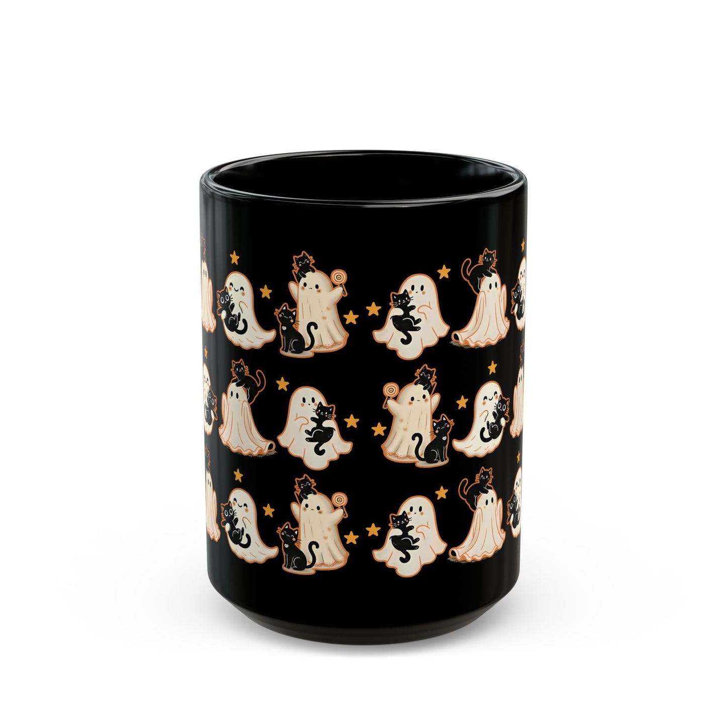 Playful Ghost & Cat Halloween Mug – Black Ceramic Coffee Cup (11oz / 15oz)