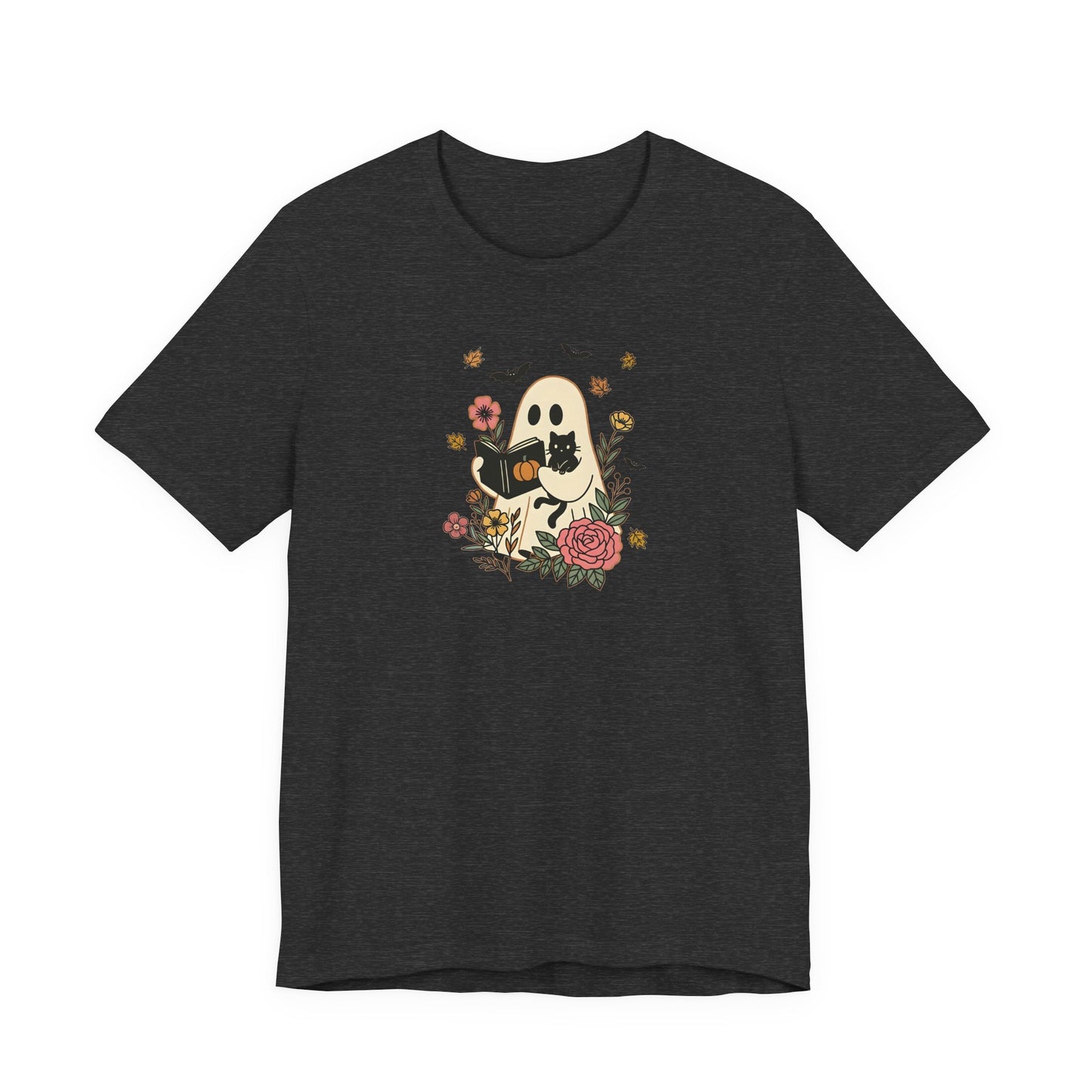 Cozy Ghost & Cat Reading Adult Tee – Cute Fall Halloween Unisex Shirt
