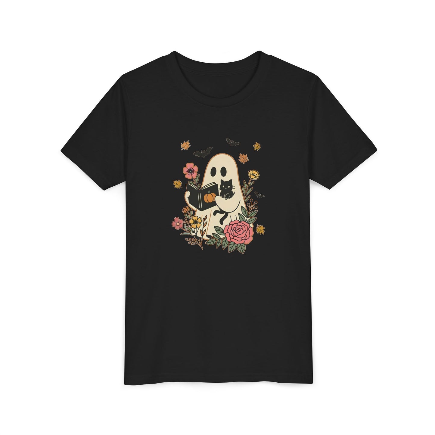 Ghost and Cat Youth Tee | Cute Halloween Shirt, Kids Summer Tee, Gift for Cat Lovers, Funny T-shirt, Spooky Season Apparel