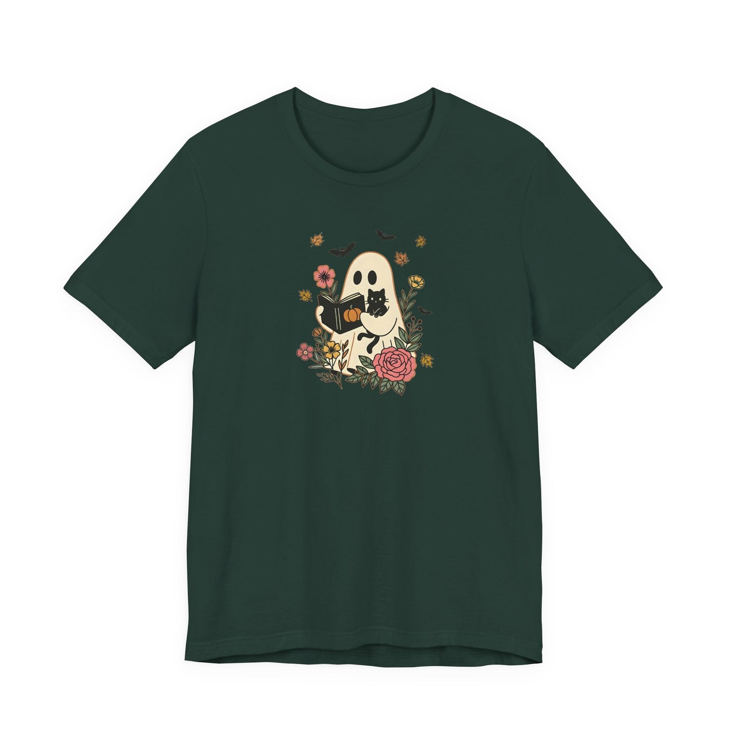 Cozy Ghost & Cat Reading Adult Tee – Cute Fall Halloween Unisex Shirt