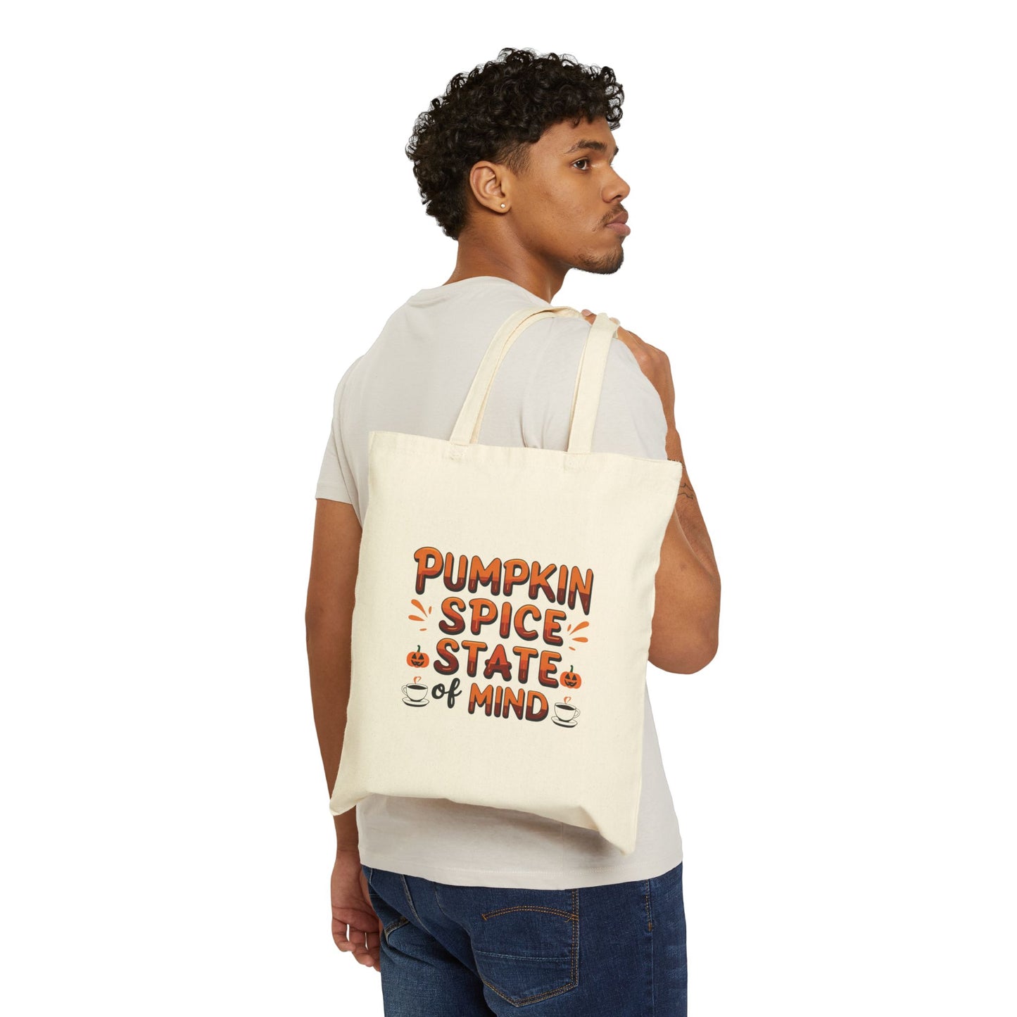 Pumpkin Spice State Of Mind Cotton Canvas Tote Bag, Fall Shopping Bag, Autumn Shoulder Bag, Thanksgiving Carryall, Halloween Grocery Tote