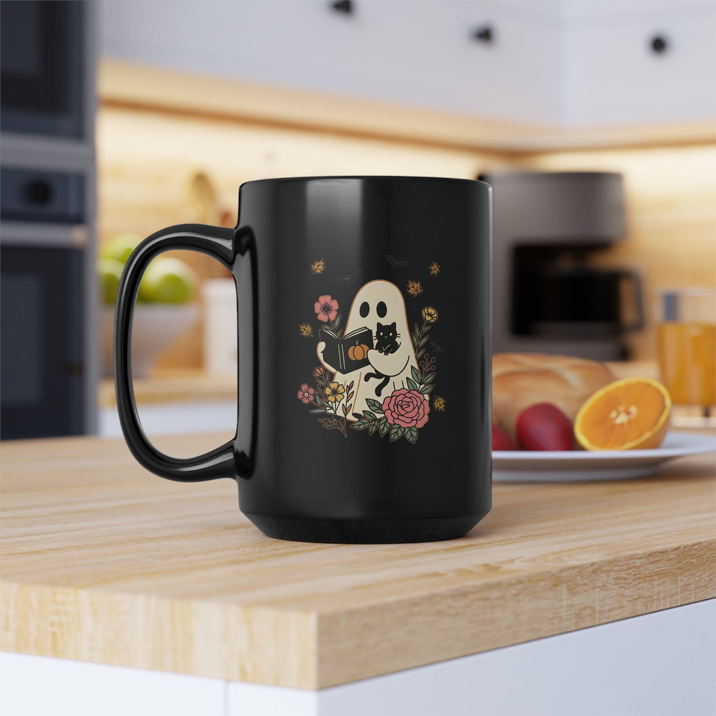 Charming Floral Ghost Mug | Whimsical Gift for Spooky Season, Cat Lovers, Halloween Decor, Coffee Cup, 11oz 15oz