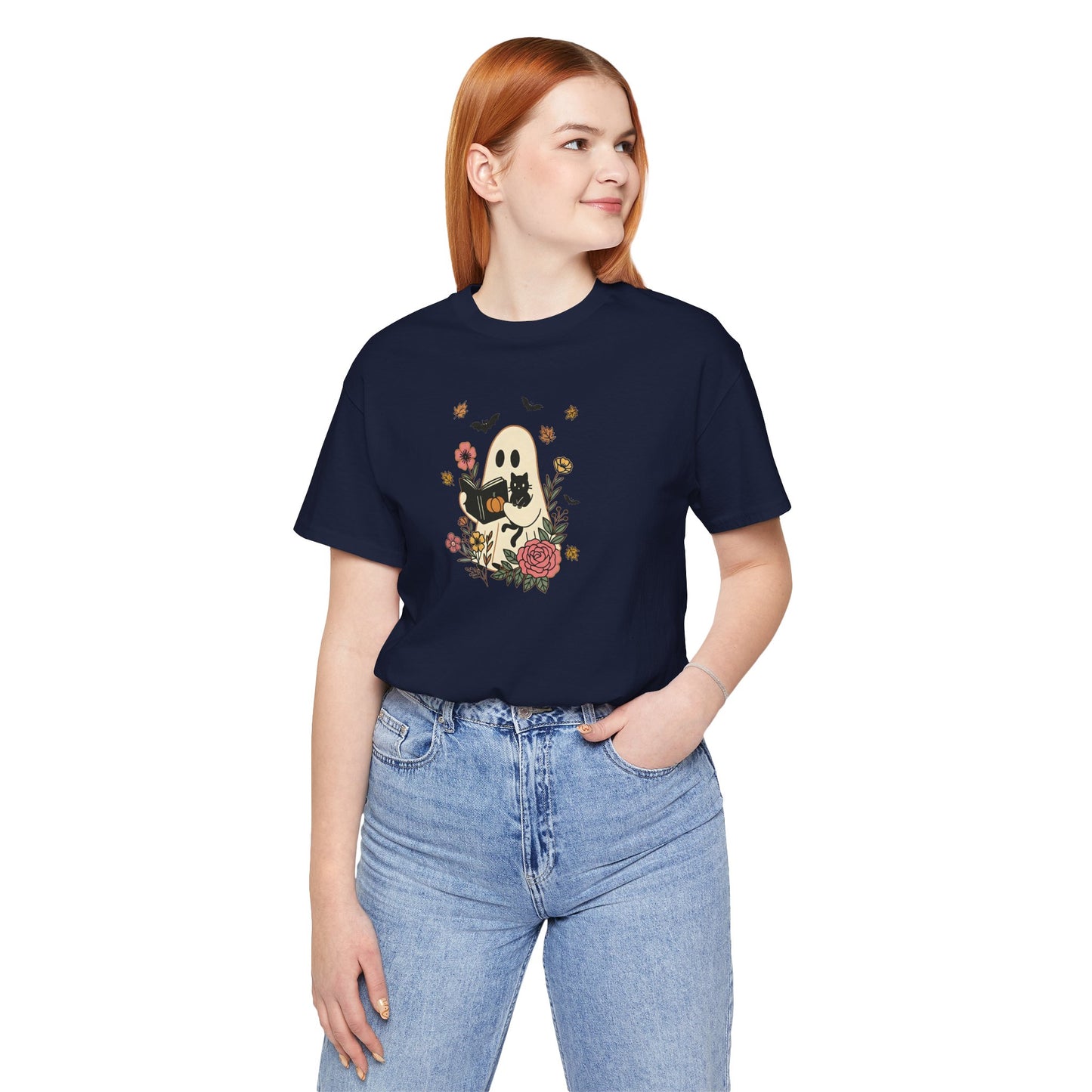 Cozy Ghost & Cat Reading Adult Tee – Cute Fall Halloween Unisex Shirt