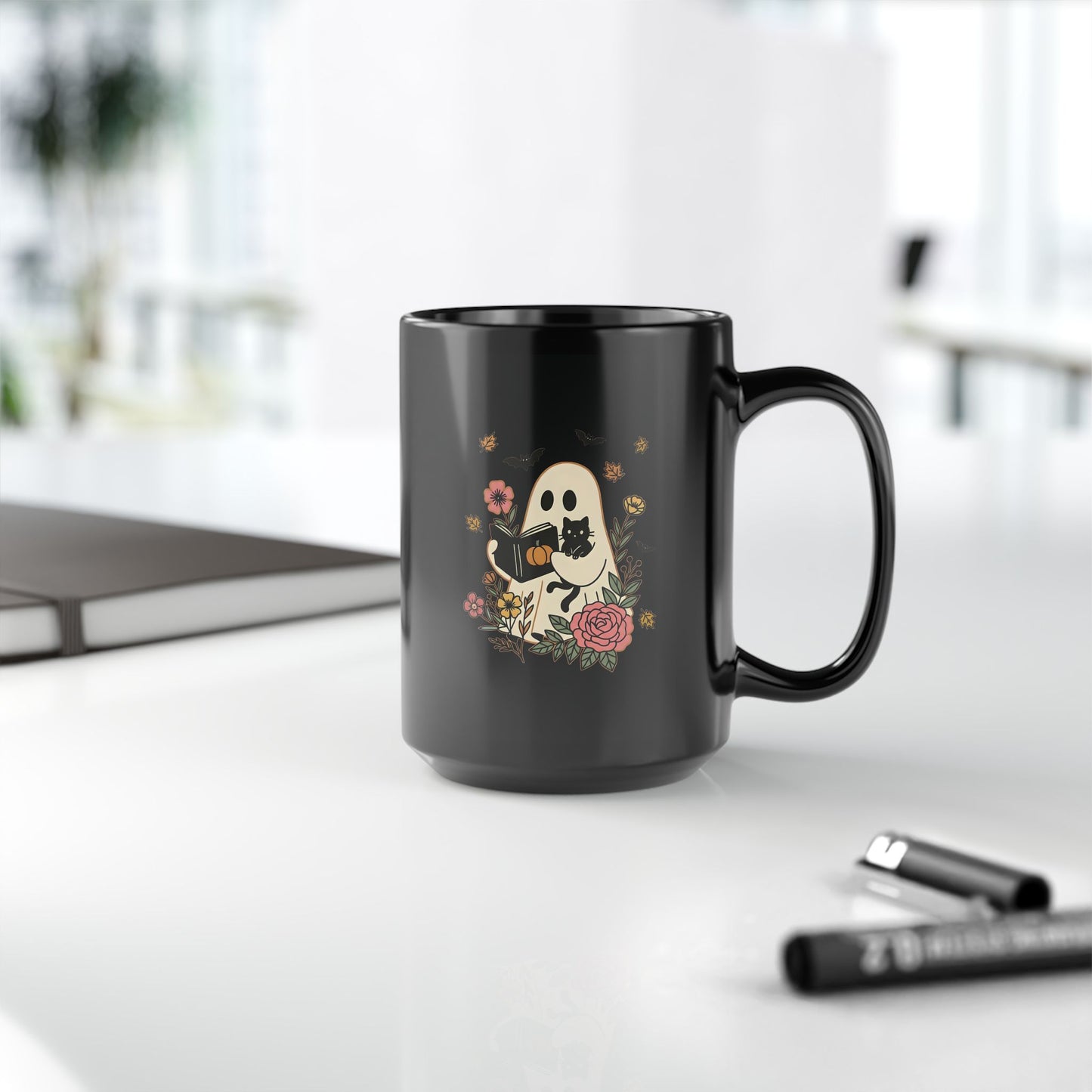 Charming Floral Ghost Mug | Whimsical Gift for Spooky Season, Cat Lovers, Halloween Decor, Coffee Cup, 11oz 15oz