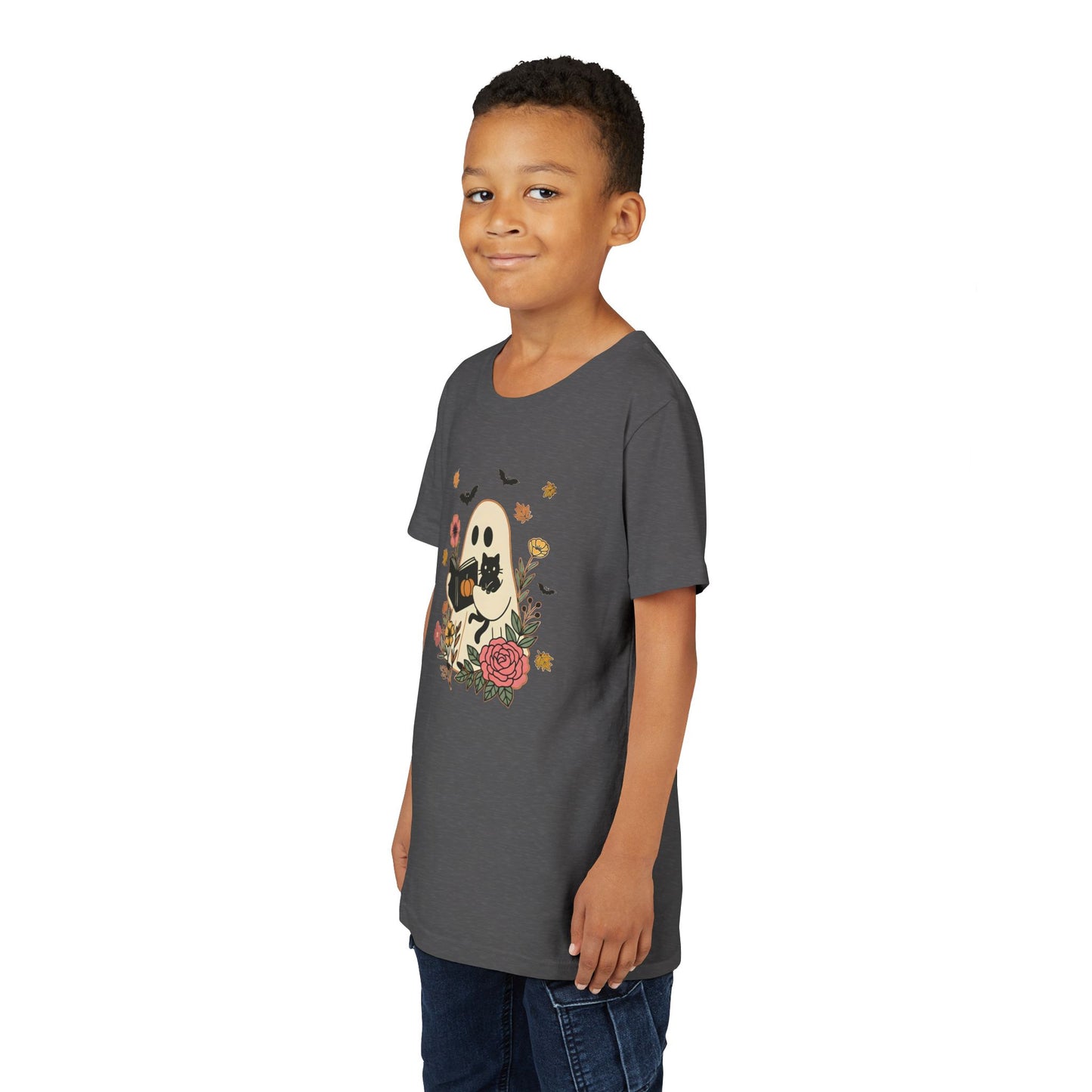 Ghost and Cat Youth Tee | Cute Halloween Shirt, Kids Summer Tee, Gift for Cat Lovers, Funny T-shirt, Spooky Season Apparel