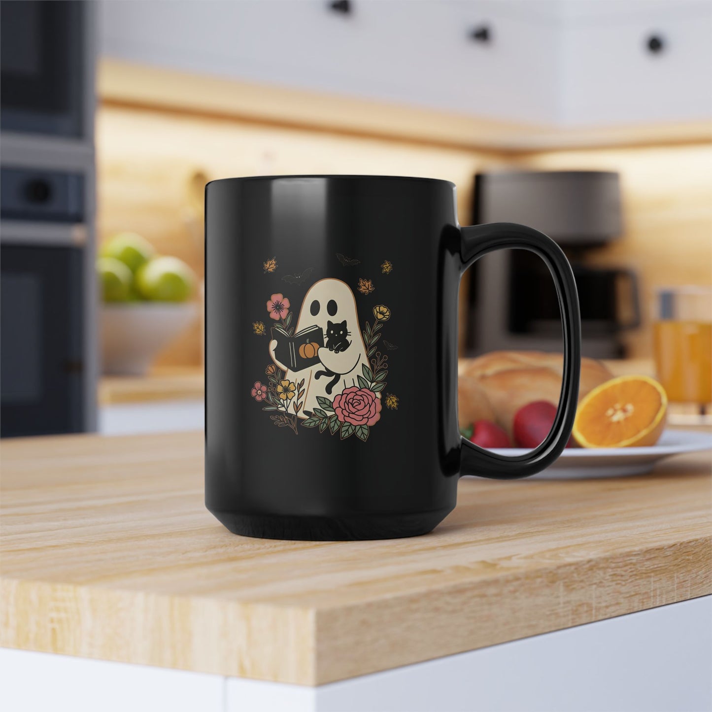 Charming Floral Ghost Mug | Whimsical Gift for Spooky Season, Cat Lovers, Halloween Decor, Coffee Cup, 11oz 15oz