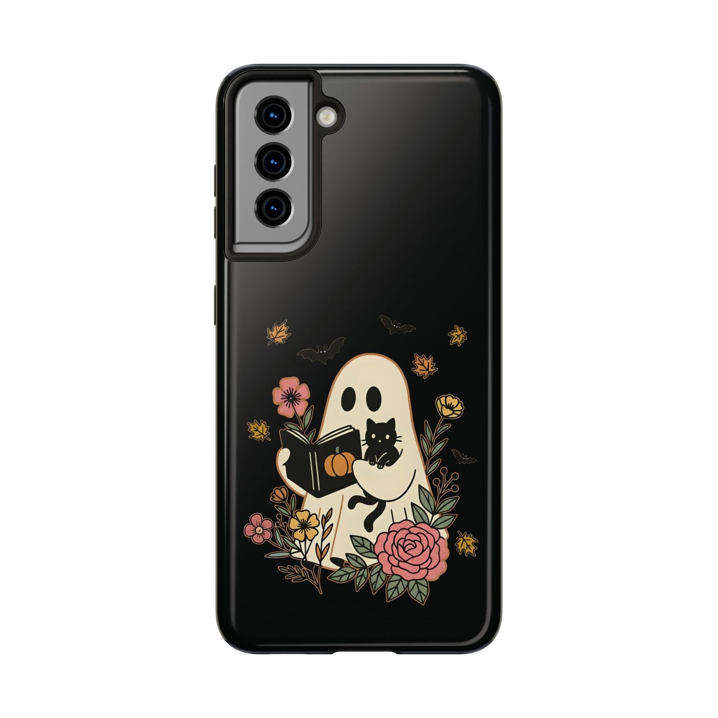 Ghostly Floral Tough Phone Case, Halloween Phone Cover, Protective Phone Accessory, Unique Cell Phone Case, Gift for Cat Lovers