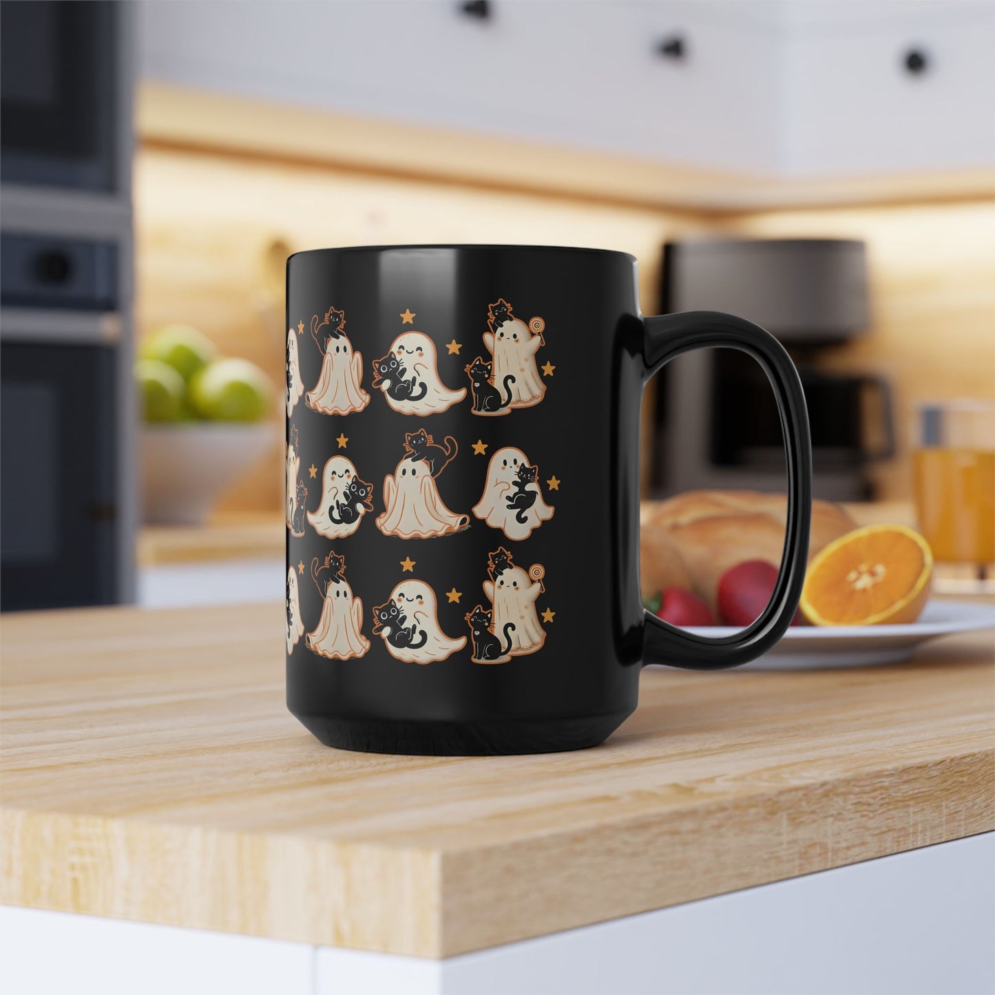Playful Ghost & Cat Halloween Mug – Black Ceramic Coffee Cup (11oz / 15oz)