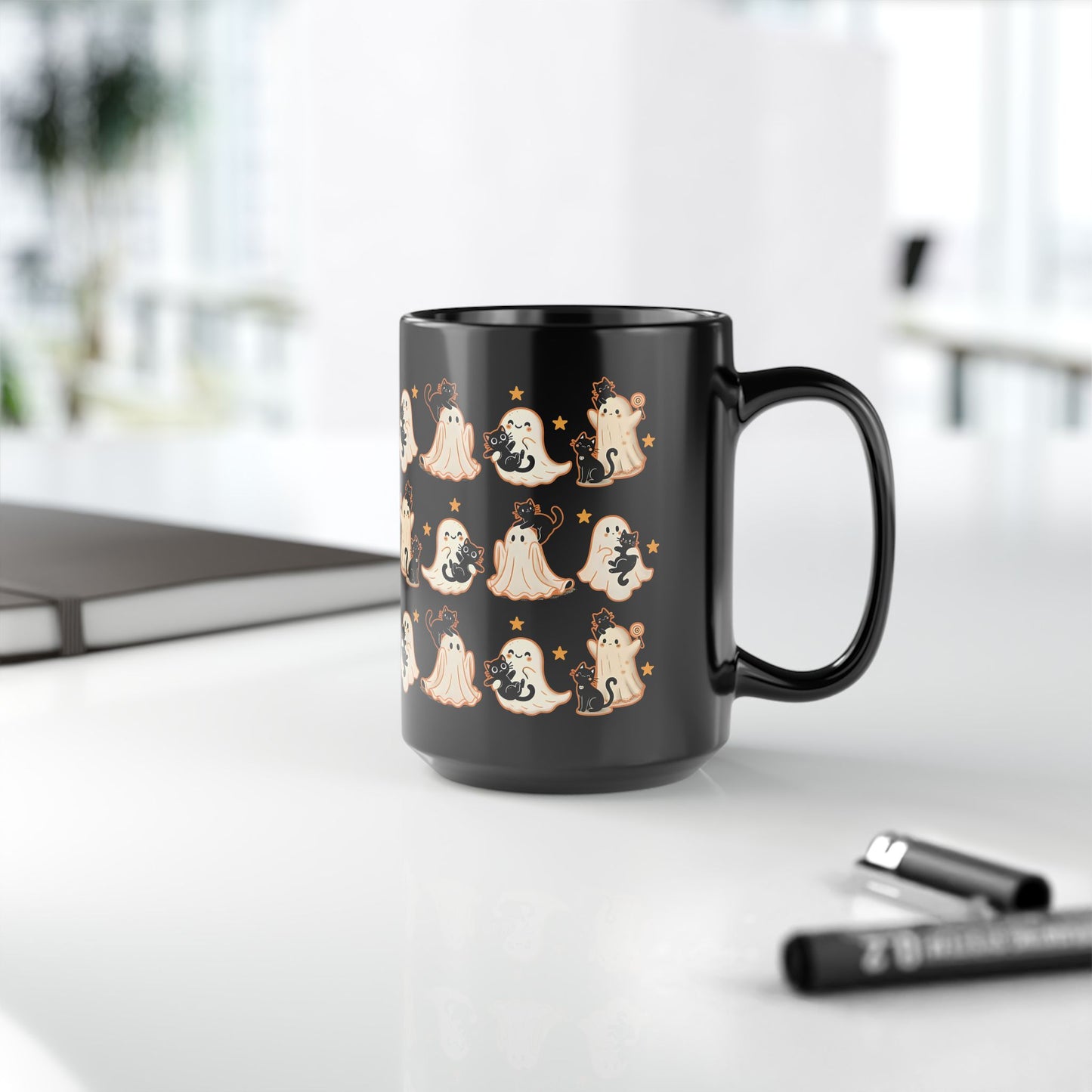 Playful Ghost & Cat Halloween Mug – Black Ceramic Coffee Cup (11oz / 15oz)