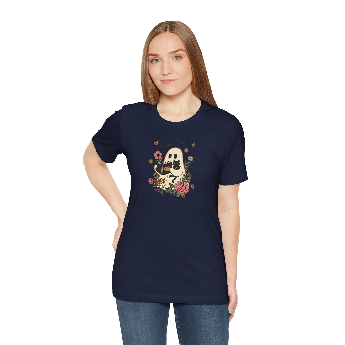 Cozy Ghost & Cat Reading Adult Tee – Cute Fall Halloween Unisex Shirt