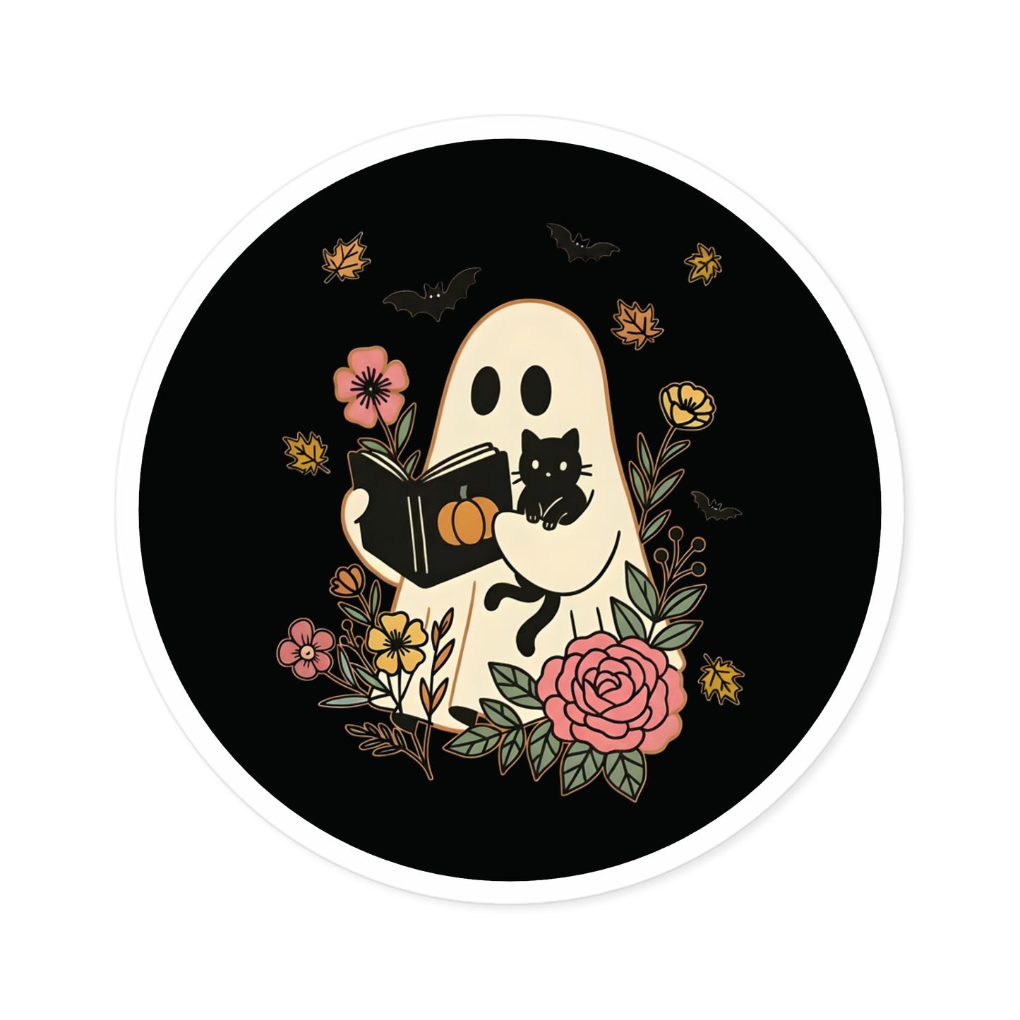 Whimsical Ghost & Cat Stickers, Halloween Decor, Cute Indoor/Outdoor Stickers, Spooky Gift, Holiday Party Decor, Floral Design