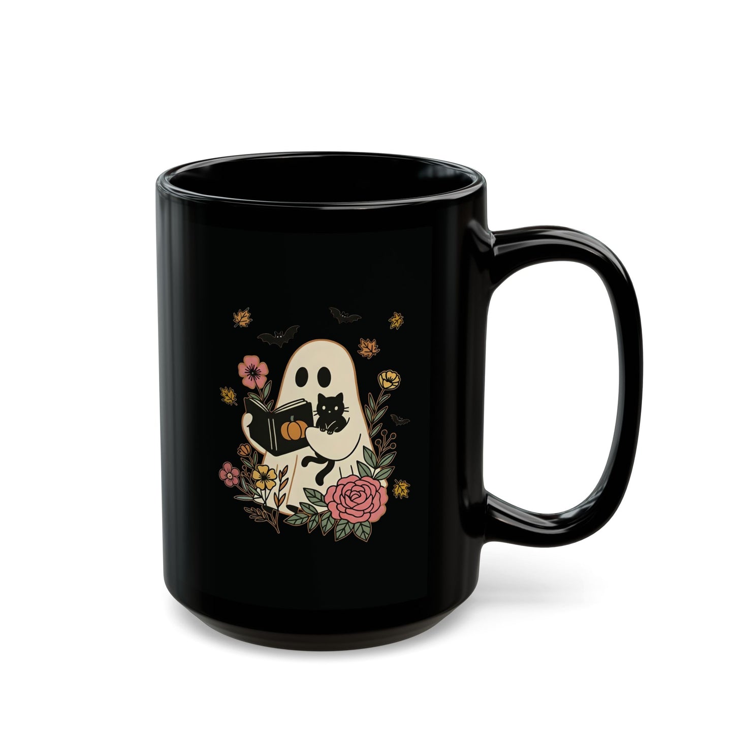 Charming Floral Ghost Mug | Whimsical Gift for Spooky Season, Cat Lovers, Halloween Decor, Coffee Cup, 11oz 15oz