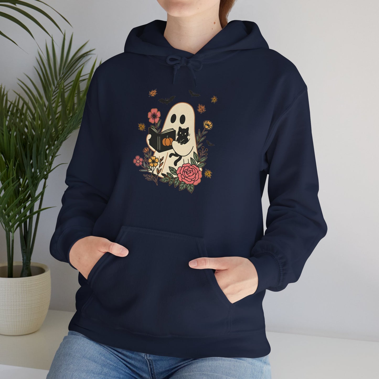 Cute Ghost & Cat Hoodie with Floral Design | Cozy Fall Halloween Adult Teen Sweatshirt for Pet Lovers