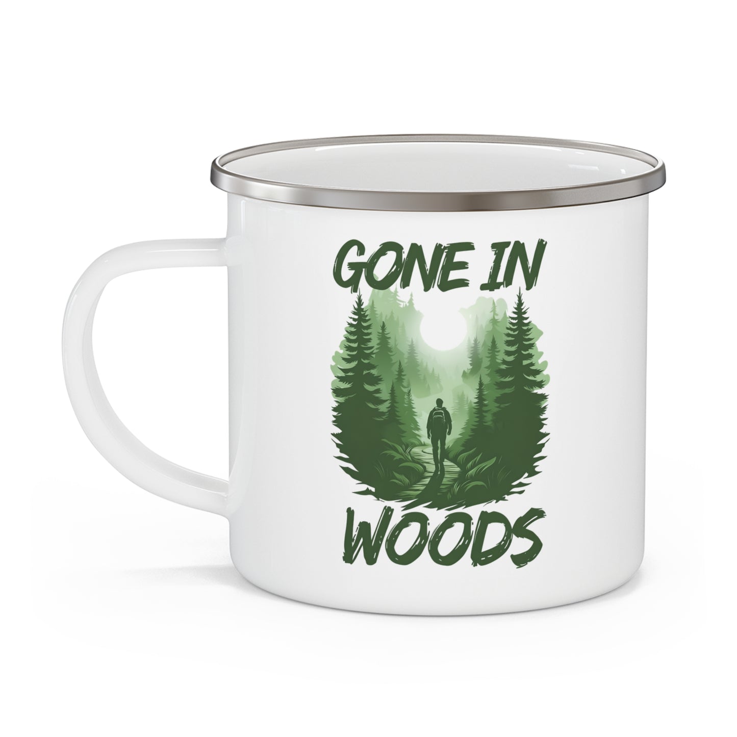 Gone in Woods Enamel Camping Mug – Nature Lover Outdoor Coffee Cup (12oz)