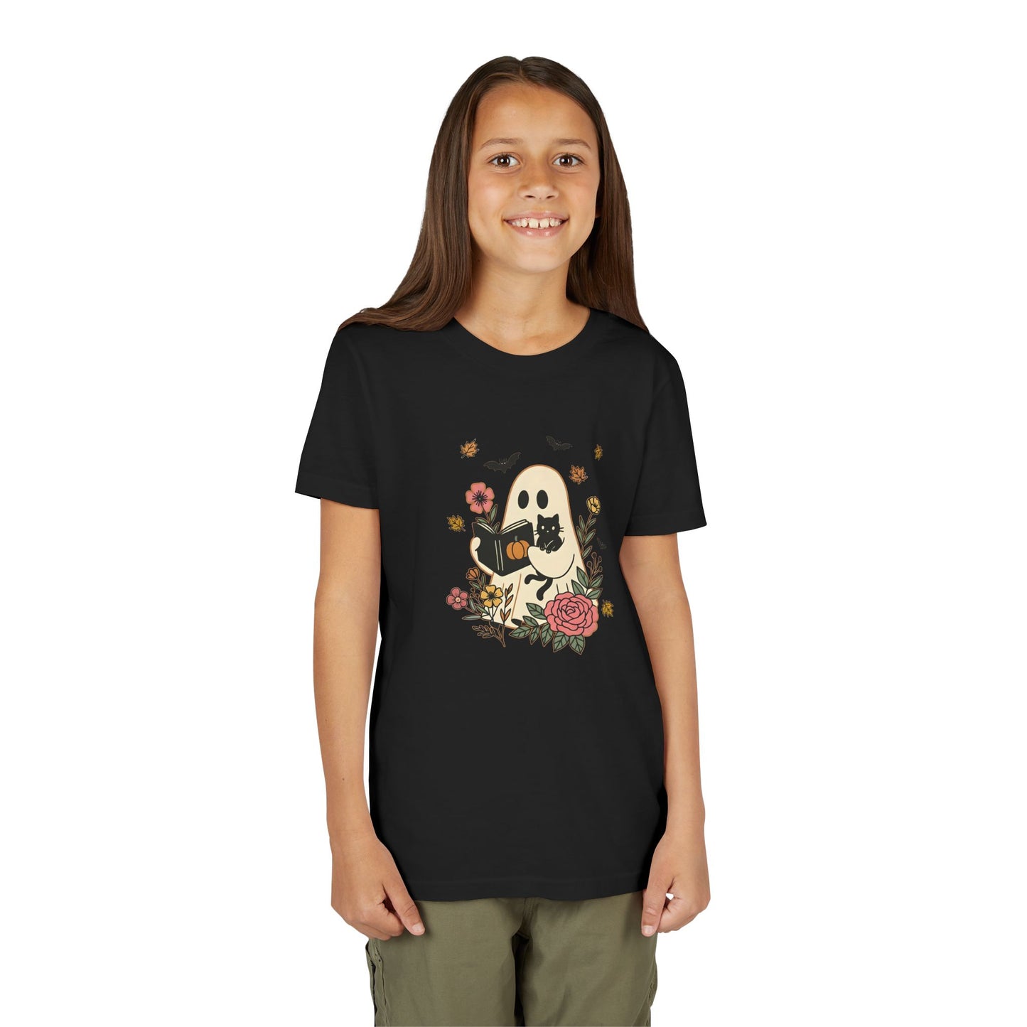Ghost and Cat Youth Tee | Cute Halloween Shirt, Kids Summer Tee, Gift for Cat Lovers, Funny T-shirt, Spooky Season Apparel