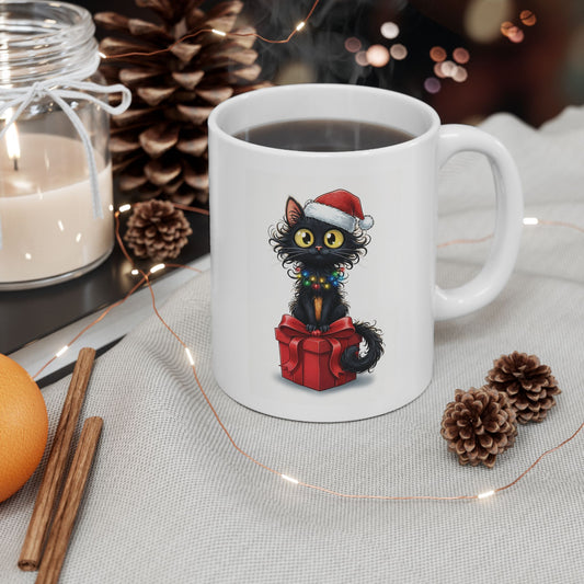 Christmas Cat Mug – Cute Black Kitten with Santa Hat and Gift Box | Holiday Coffee Mug for Cat Lovers