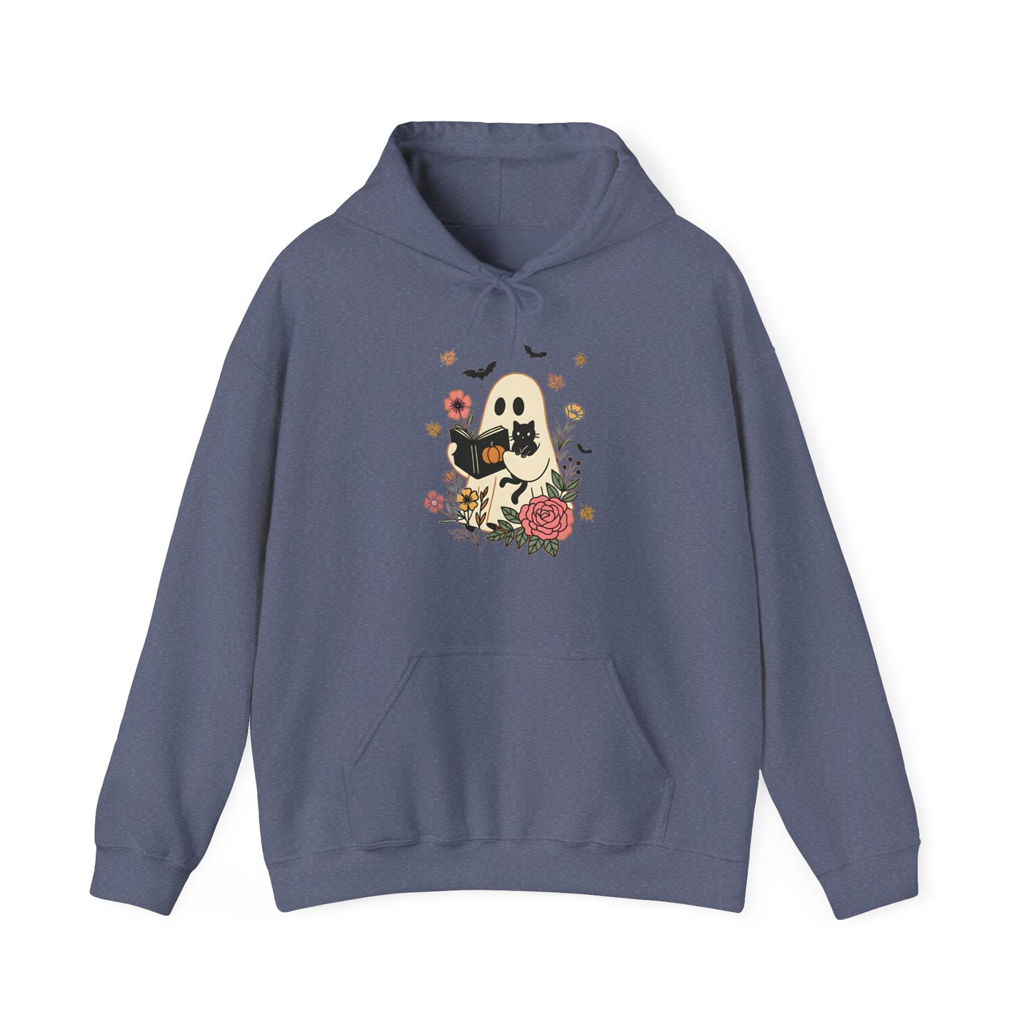 Cute Ghost & Cat Hoodie with Floral Design | Cozy Fall Halloween Adult Teen Sweatshirt for Pet Lovers