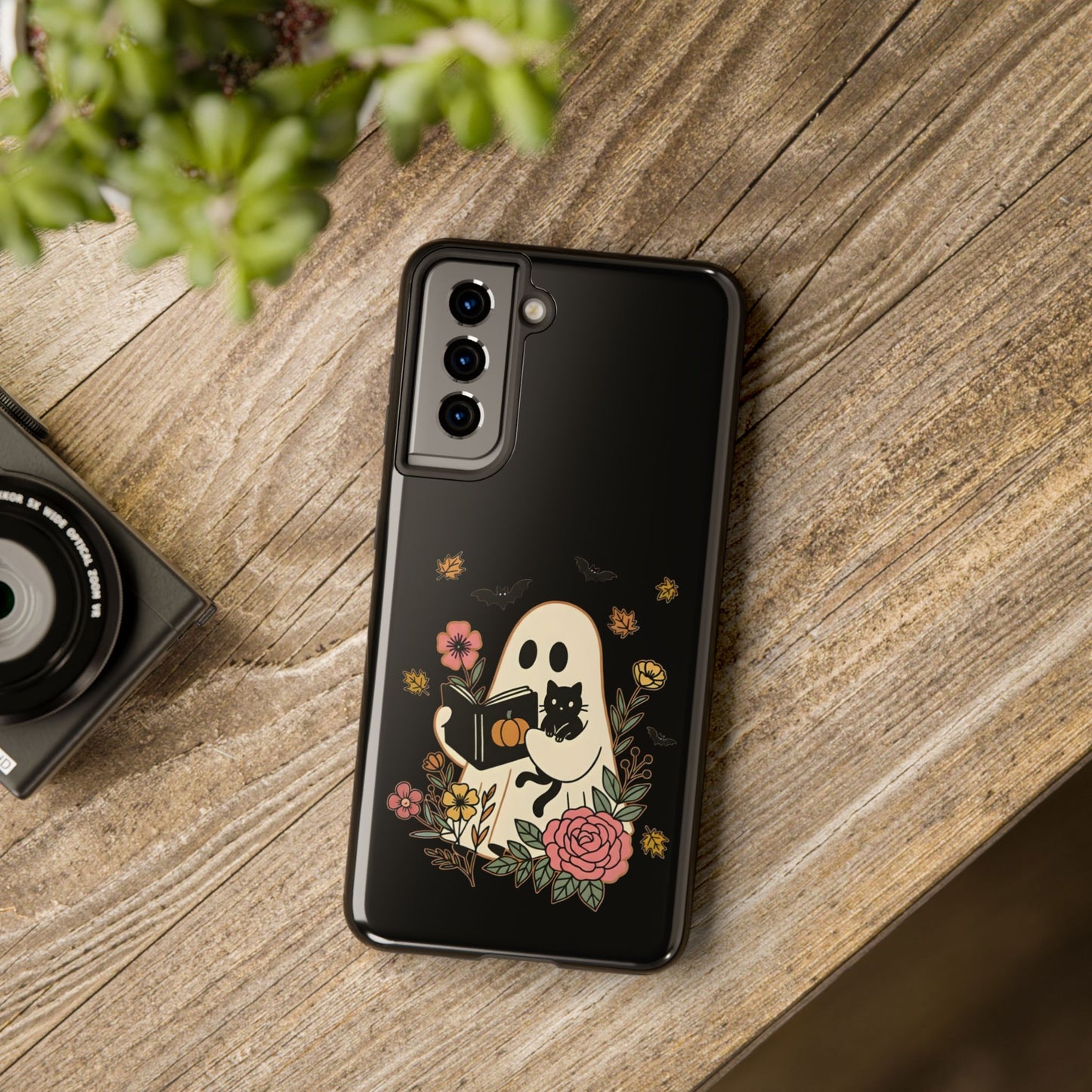 Ghostly Floral Tough Phone Case, Halloween Phone Cover, Protective Phone Accessory, Unique Cell Phone Case, Gift for Cat Lovers