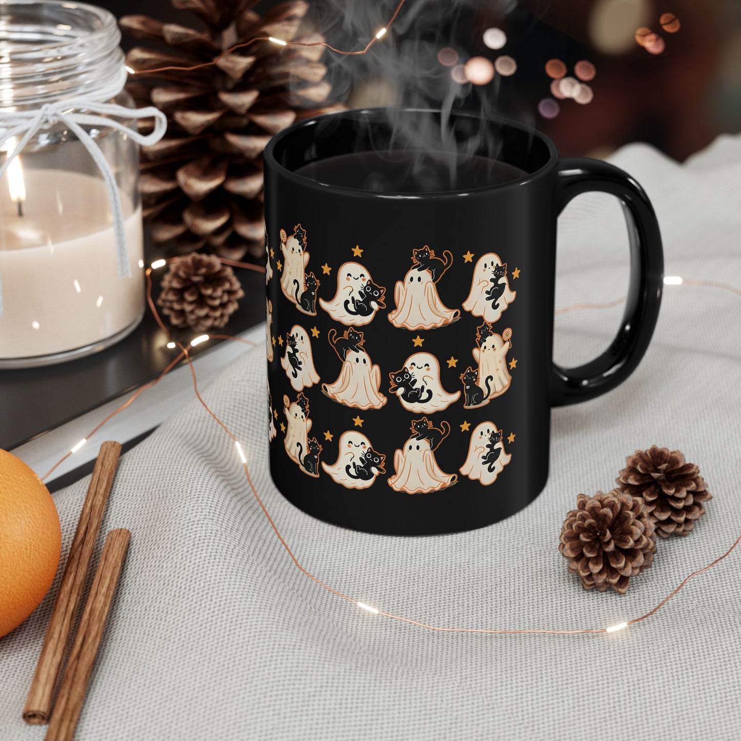 Playful Ghost & Cat Halloween Mug – Black Ceramic Coffee Cup (11oz / 15oz)