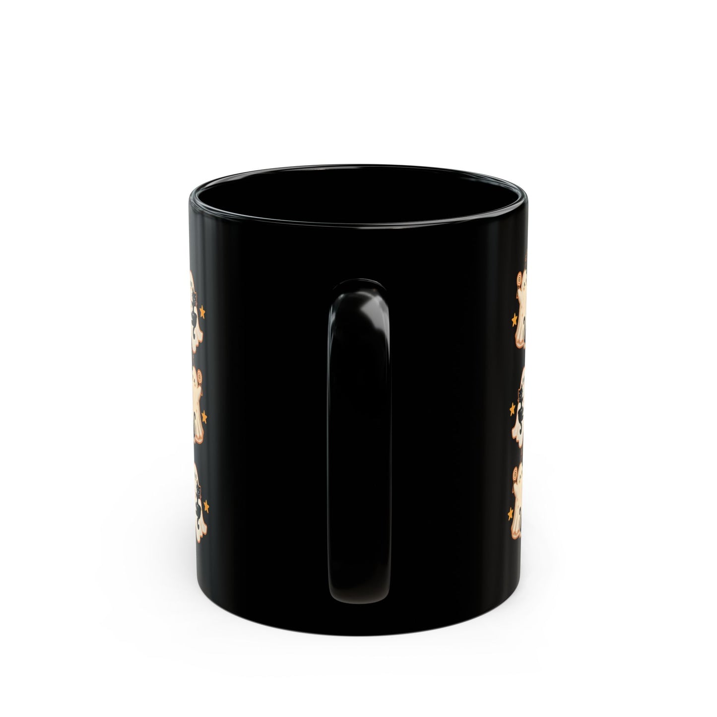 Playful Ghost & Cat Halloween Mug – Black Ceramic Coffee Cup (11oz / 15oz)