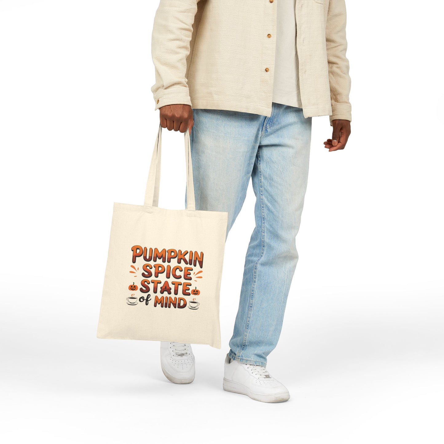 Pumpkin Spice State Of Mind Cotton Canvas Tote Bag, Fall Shopping Bag, Autumn Shoulder Bag, Thanksgiving Carryall, Halloween Grocery Tote