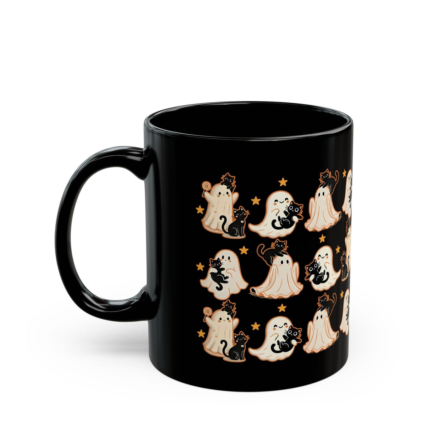 Playful Ghost & Cat Halloween Mug – Black Ceramic Coffee Cup (11oz / 15oz)