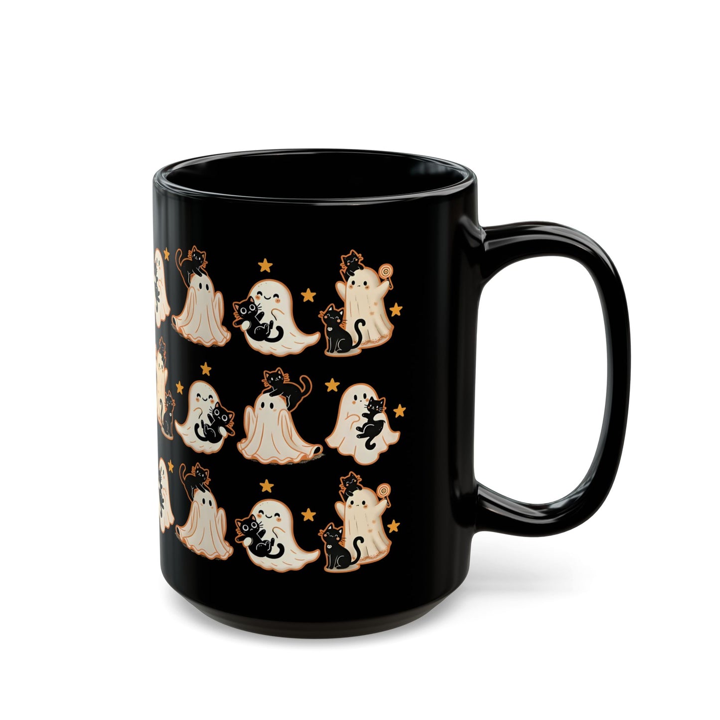 Playful Ghost & Cat Halloween Mug – Black Ceramic Coffee Cup (11oz / 15oz)