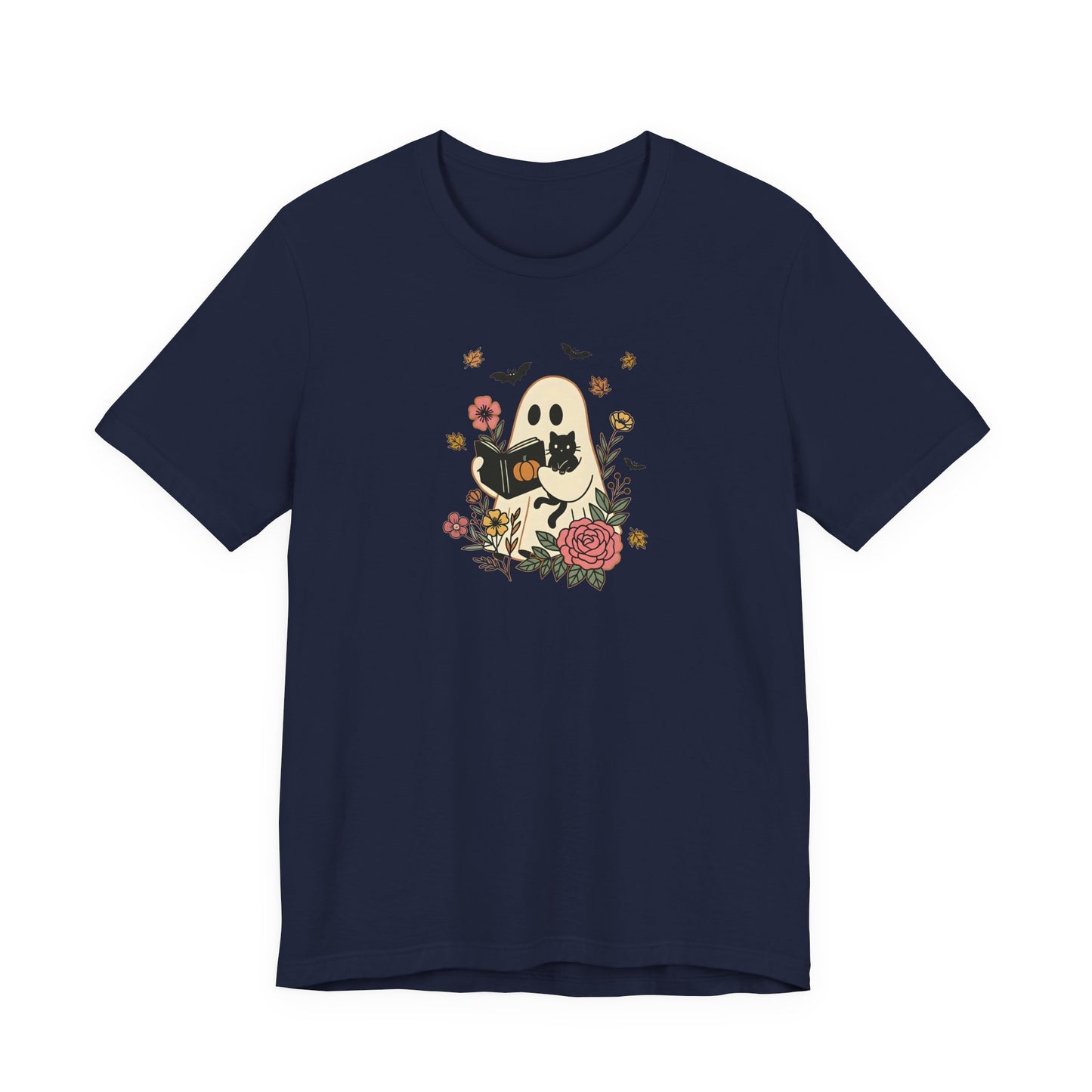 Cozy Ghost & Cat Reading Adult Tee – Cute Fall Halloween Unisex Shirt