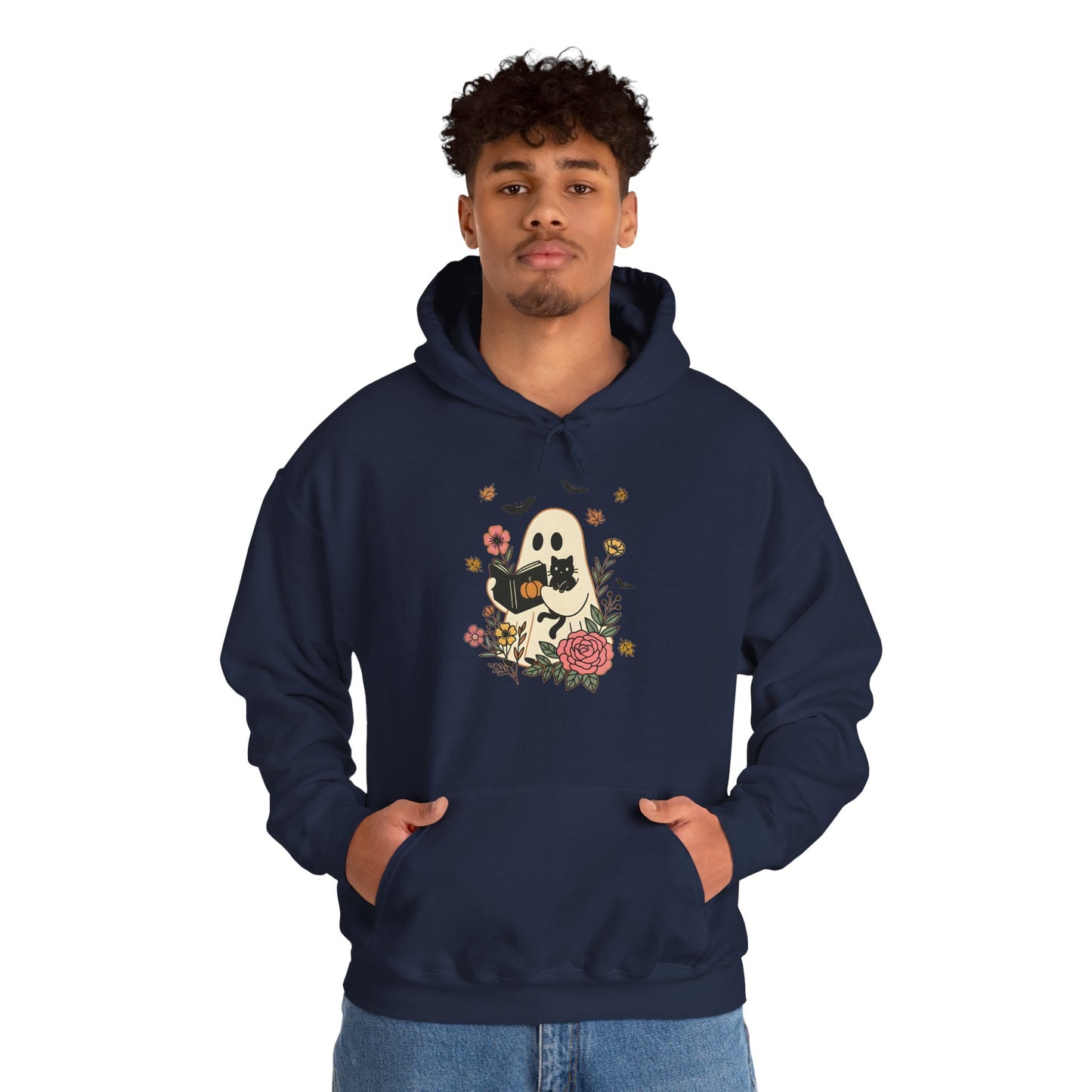 Cute Ghost & Cat Hoodie with Floral Design | Cozy Fall Halloween Adult Teen Sweatshirt for Pet Lovers