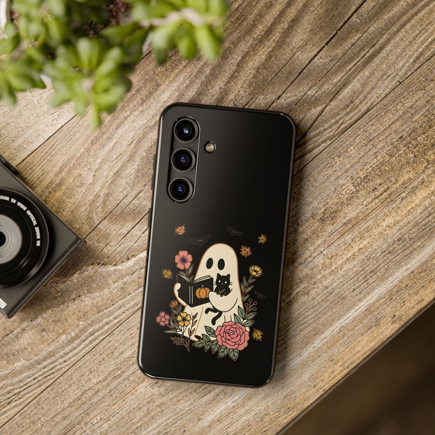 Ghostly Floral Tough Phone Case, Halloween Phone Cover, Protective Phone Accessory, Unique Cell Phone Case, Gift for Cat Lovers