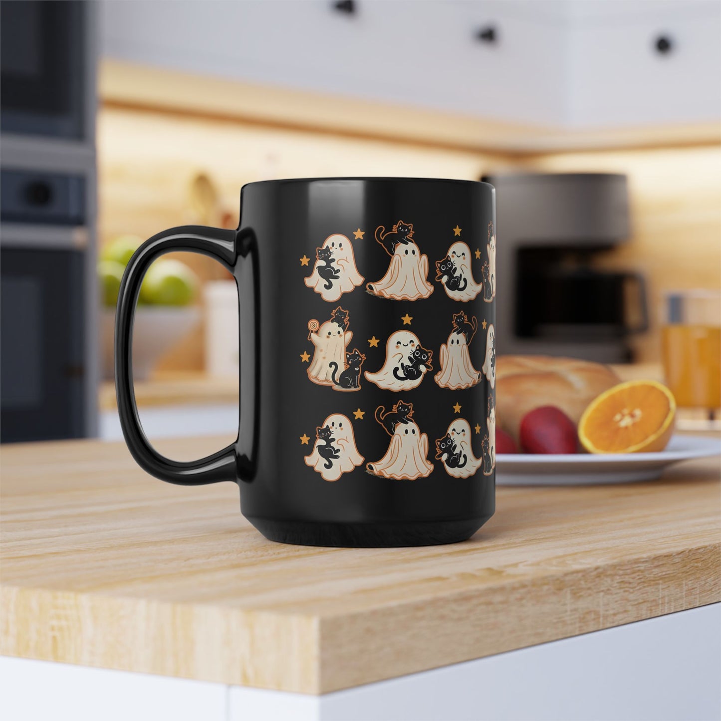 Playful Ghost & Cat Halloween Mug – Black Ceramic Coffee Cup (11oz / 15oz)