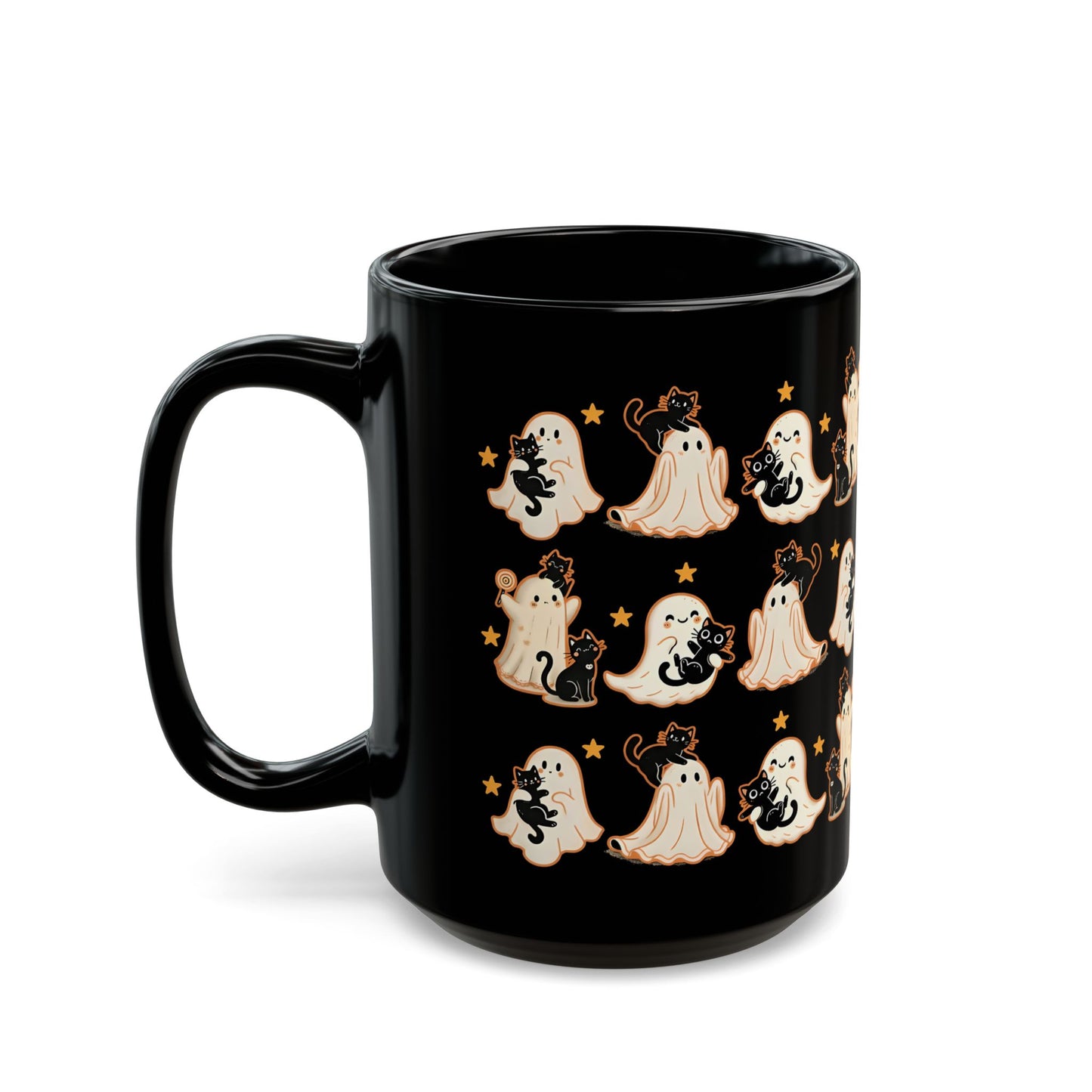 Playful Ghost & Cat Halloween Mug – Black Ceramic Coffee Cup (11oz / 15oz)