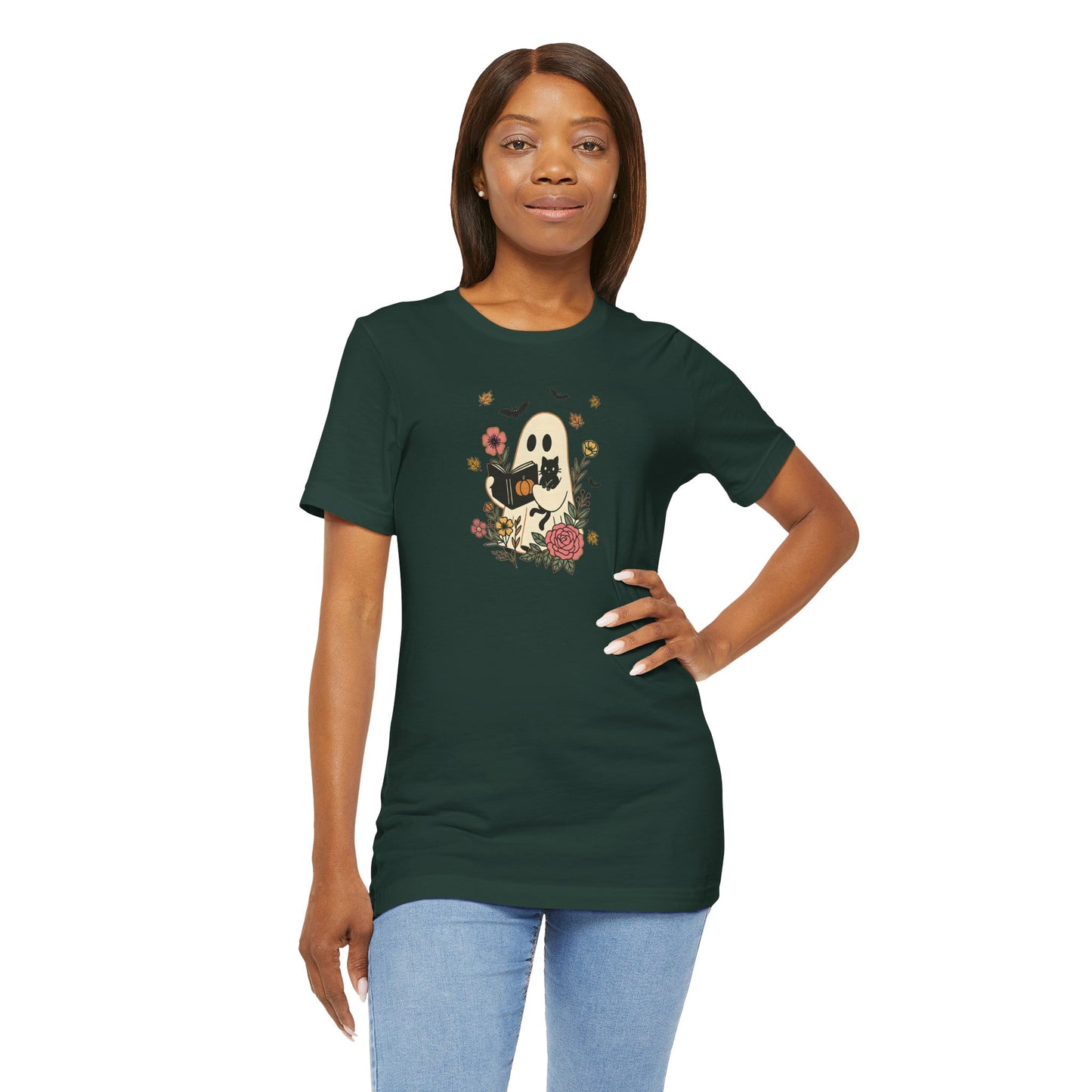 Cozy Ghost & Cat Reading Adult Tee – Cute Fall Halloween Unisex Shirt