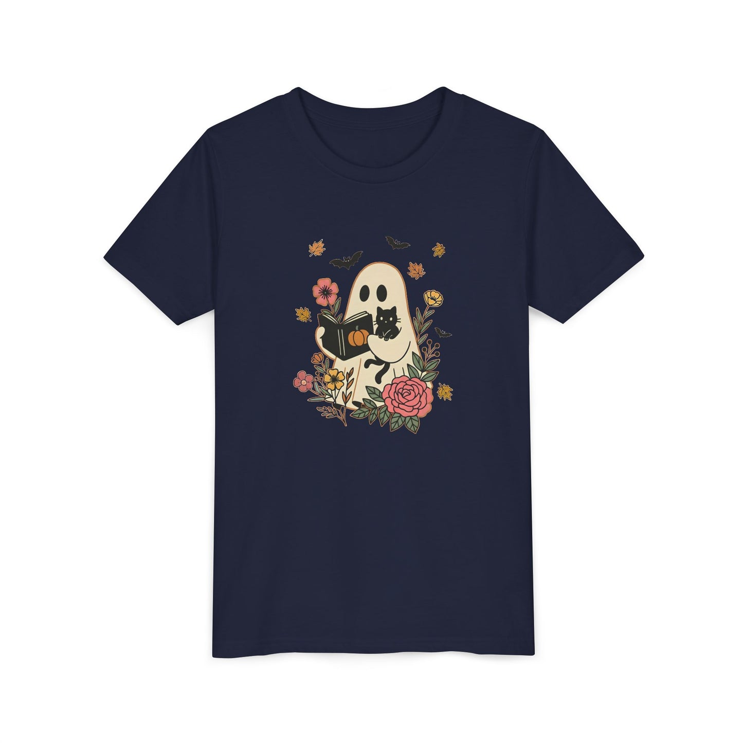 Ghost and Cat Youth Tee | Cute Halloween Shirt, Kids Summer Tee, Gift for Cat Lovers, Funny T-shirt, Spooky Season Apparel