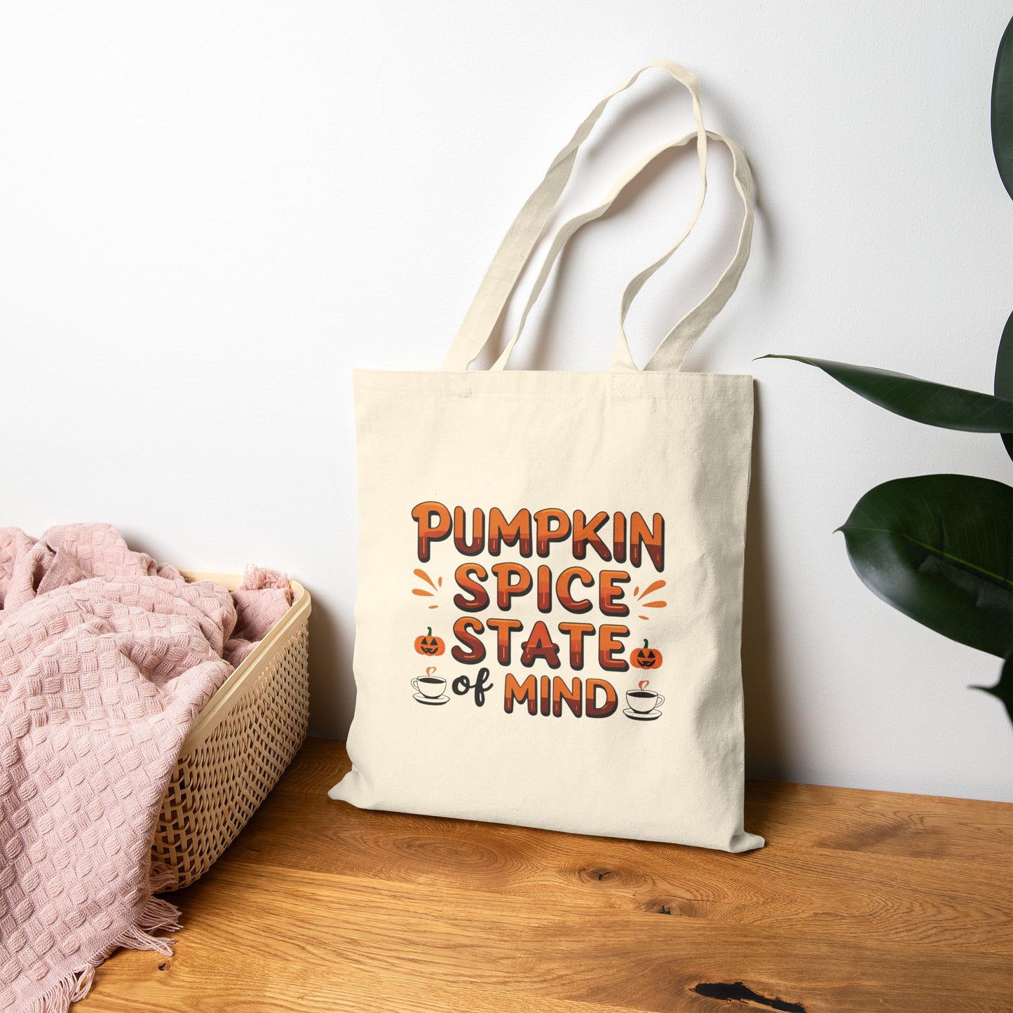 Pumpkin Spice State Of Mind Cotton Canvas Tote Bag, Fall Shopping Bag, Autumn Shoulder Bag, Thanksgiving Carryall, Halloween Grocery Tote