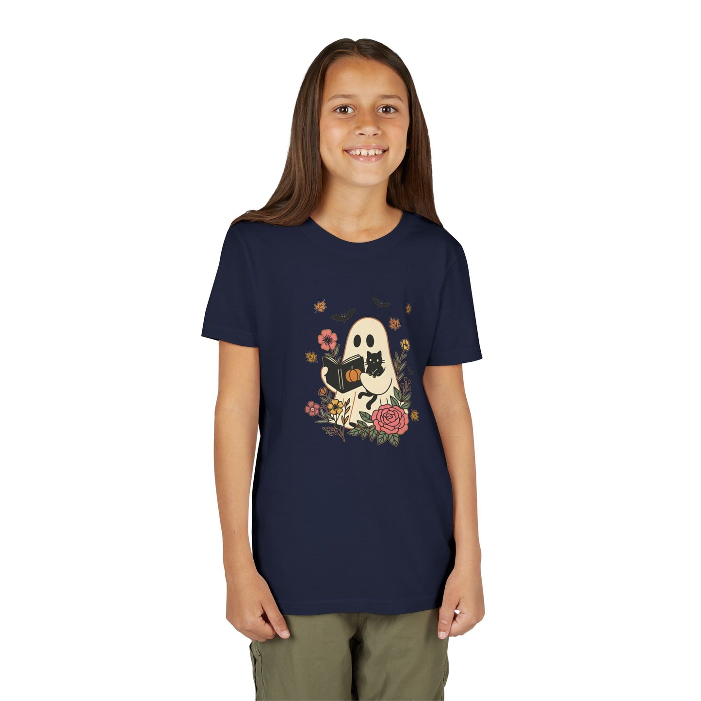 Ghost and Cat Youth Tee | Cute Halloween Shirt, Kids Summer Tee, Gift for Cat Lovers, Funny T-shirt, Spooky Season Apparel