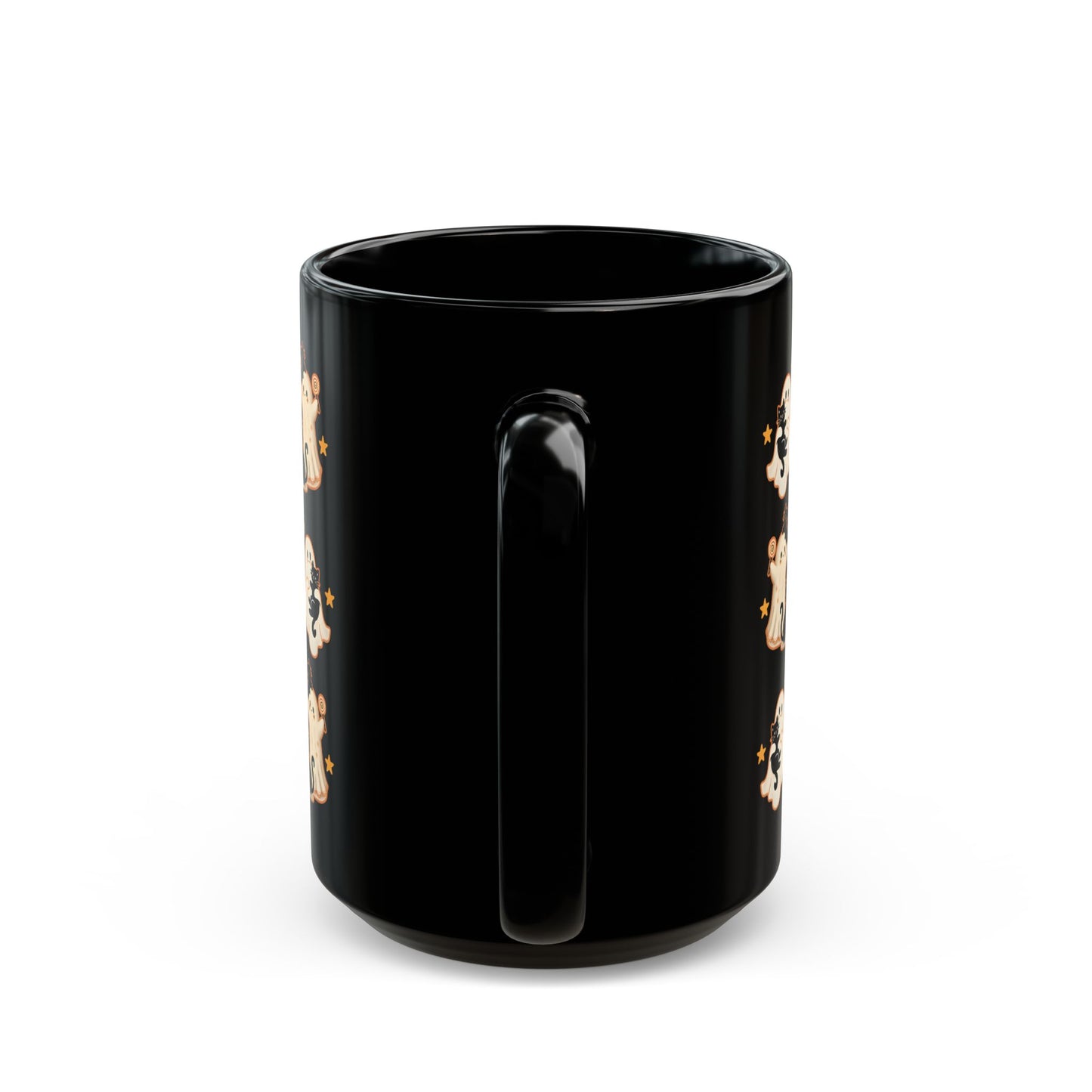 Playful Ghost & Cat Halloween Mug – Black Ceramic Coffee Cup (11oz / 15oz)