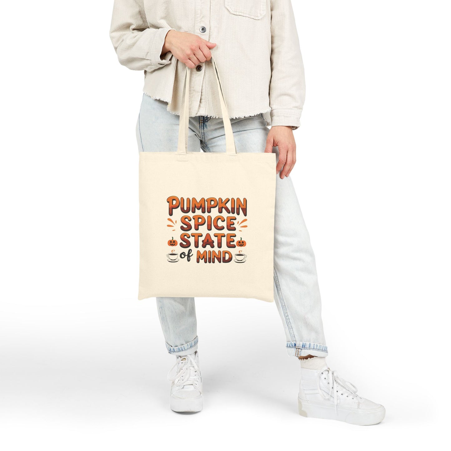 Pumpkin Spice State Of Mind Cotton Canvas Tote Bag, Fall Shopping Bag, Autumn Shoulder Bag, Thanksgiving Carryall, Halloween Grocery Tote