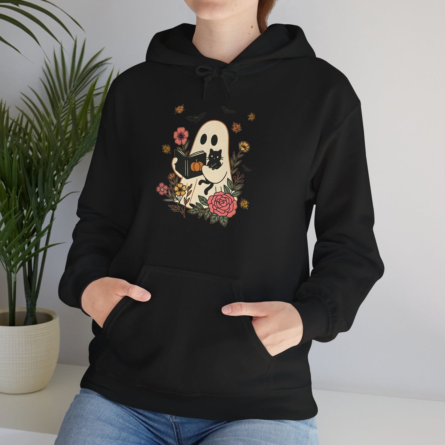 Cute Ghost & Cat Hoodie with Floral Design | Cozy Fall Halloween Adult Teen Sweatshirt for Pet Lovers