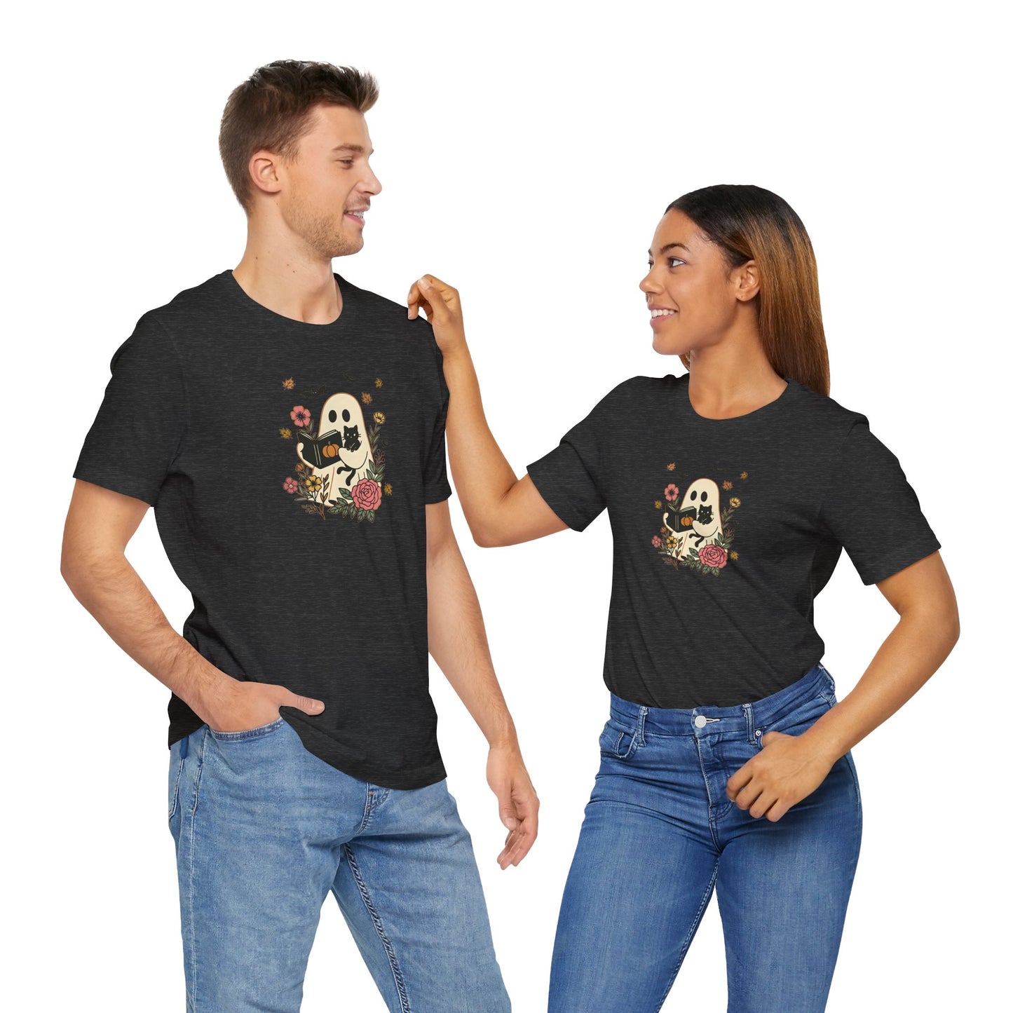 Cozy Ghost & Cat Reading Adult Tee – Cute Fall Halloween Unisex Shirt