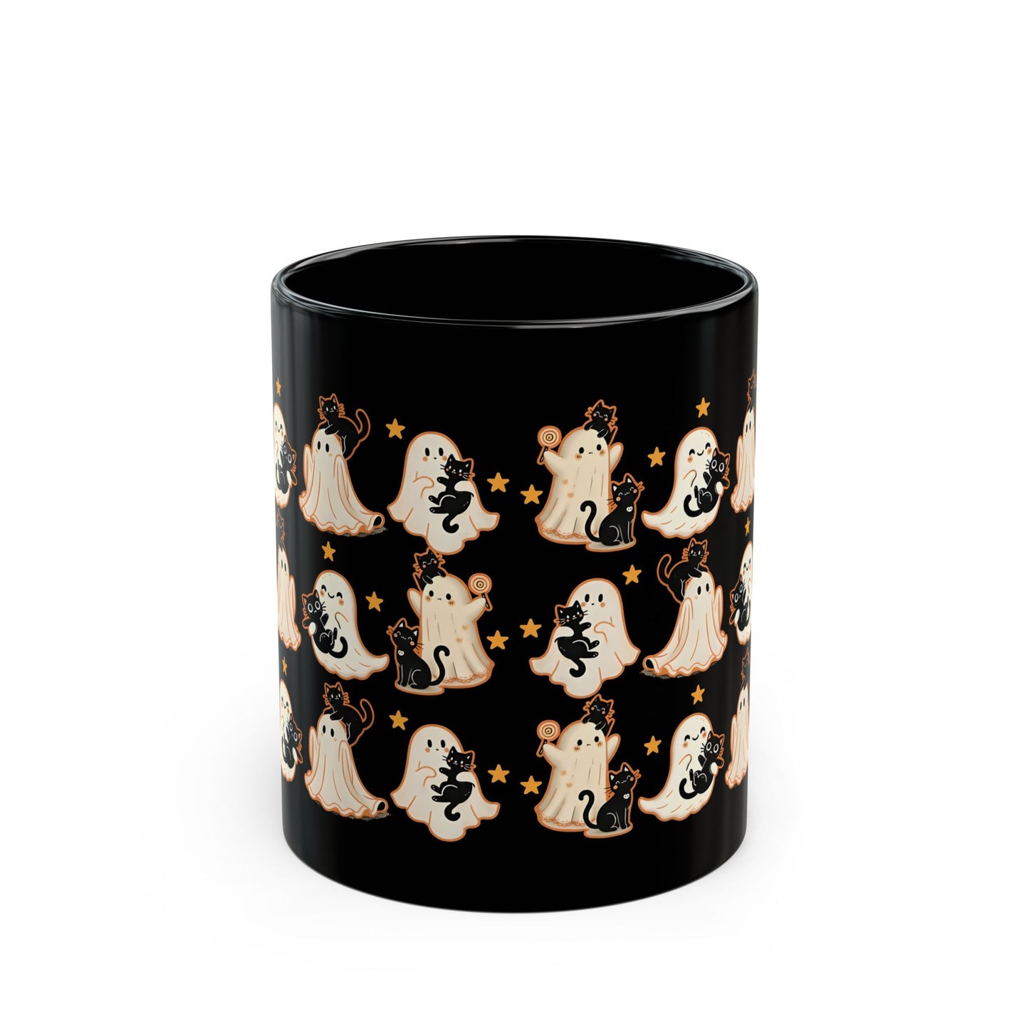 Playful Ghost & Cat Halloween Mug – Black Ceramic Coffee Cup (11oz / 15oz)