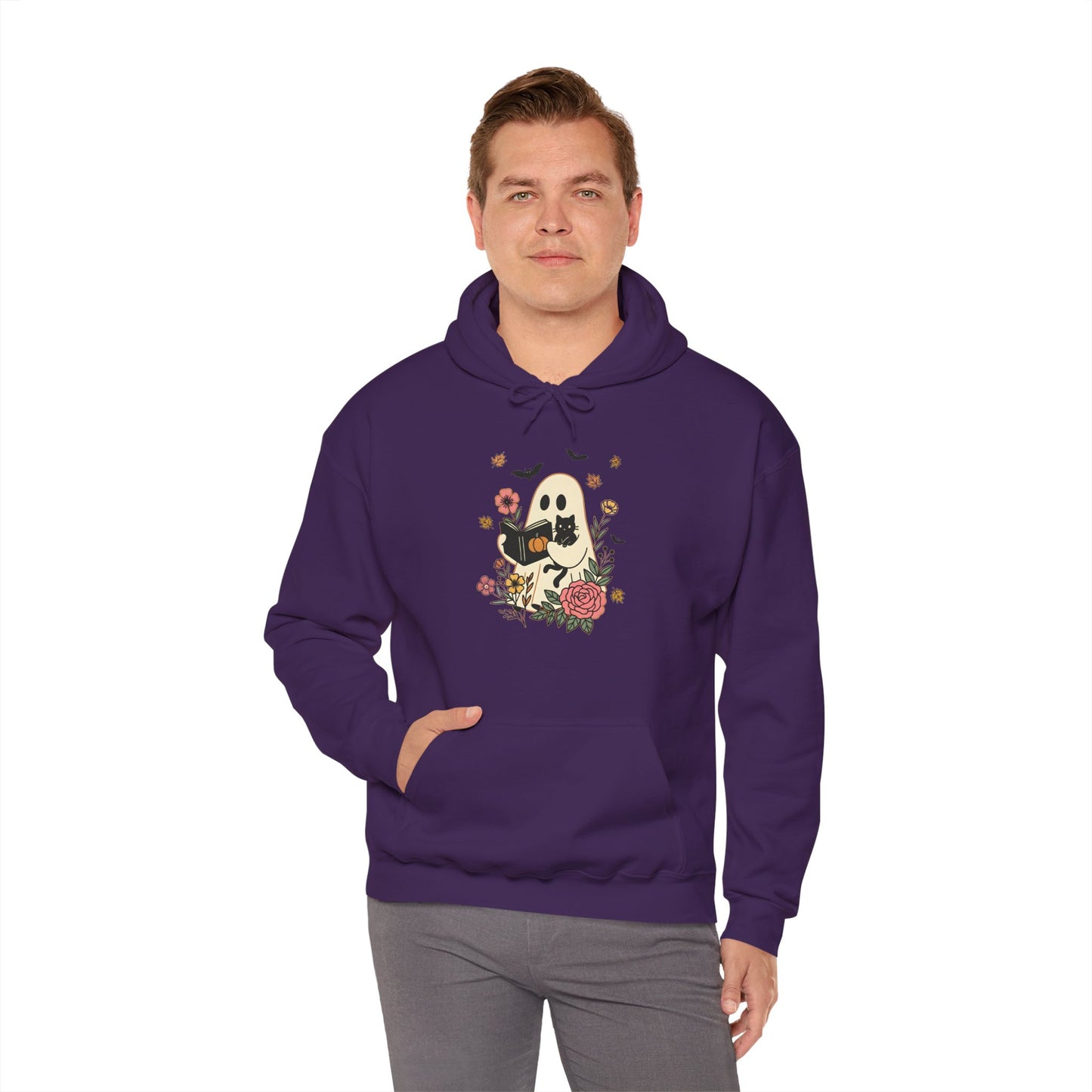 Cute Ghost & Cat Hoodie with Floral Design | Cozy Fall Halloween Adult Teen Sweatshirt for Pet Lovers