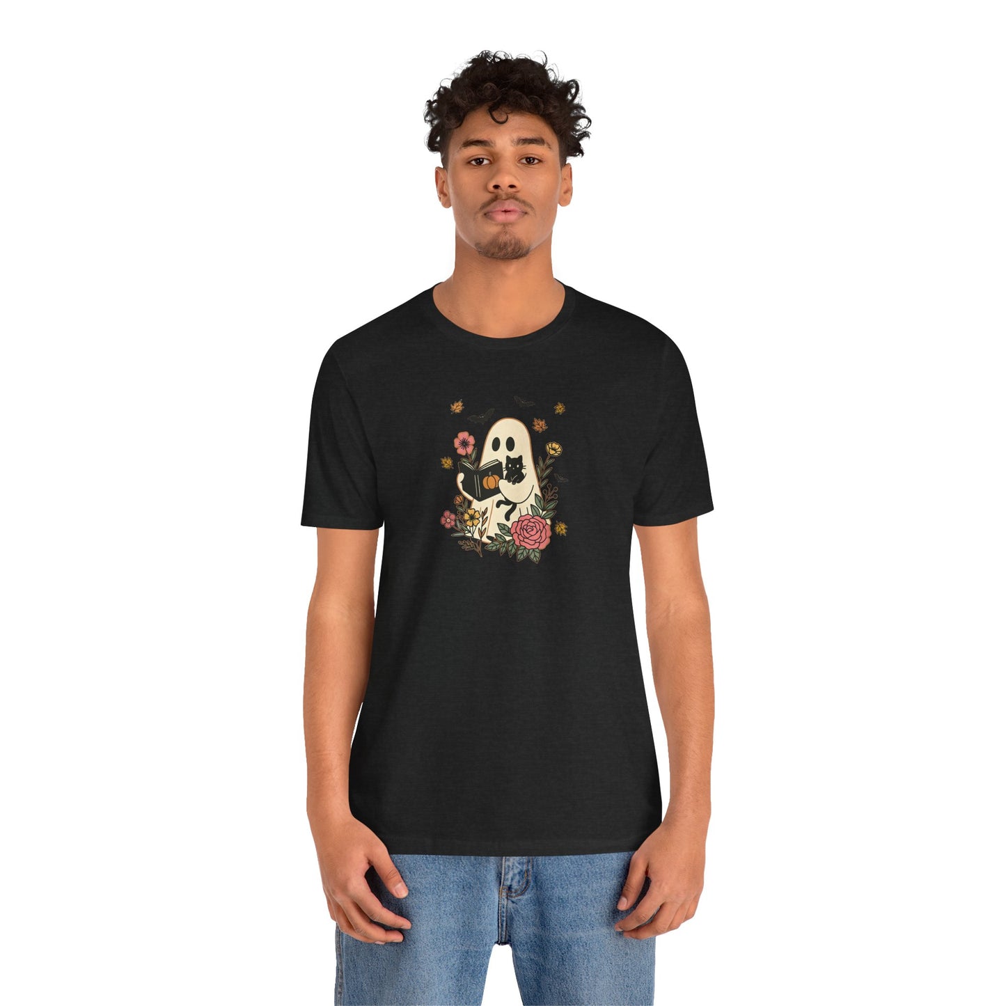 Cozy Ghost & Cat Reading Adult Tee – Cute Fall Halloween Unisex Shirt